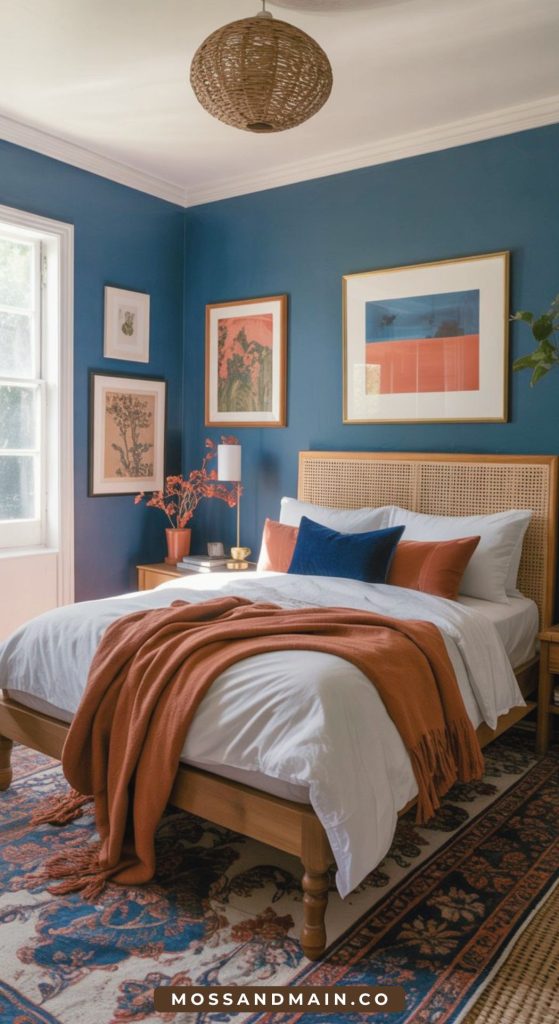 A stylish bedroom with blue walls, a wooden bed with white bedding, terracotta and rust-colored throw blanket and pillows, framed art, a woven pendant light, and sunlight streaming through a large window.