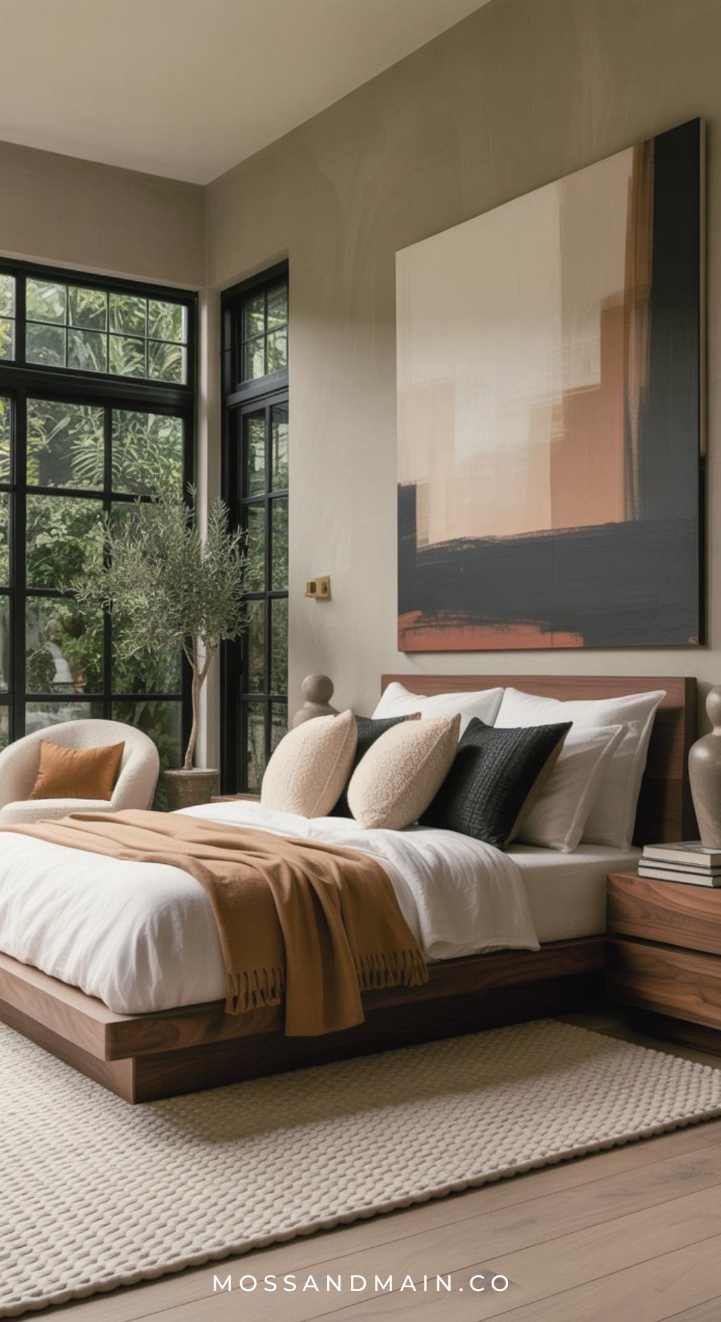 Modern, cozy bedroom with large windows, wooden bed frame, neutral bedding, tan and black accent pillows, a tan throw blanket, abstract wall art, and greenery outside—perfect for brown bedroom ideas. mossandmain.co text at the bottom.