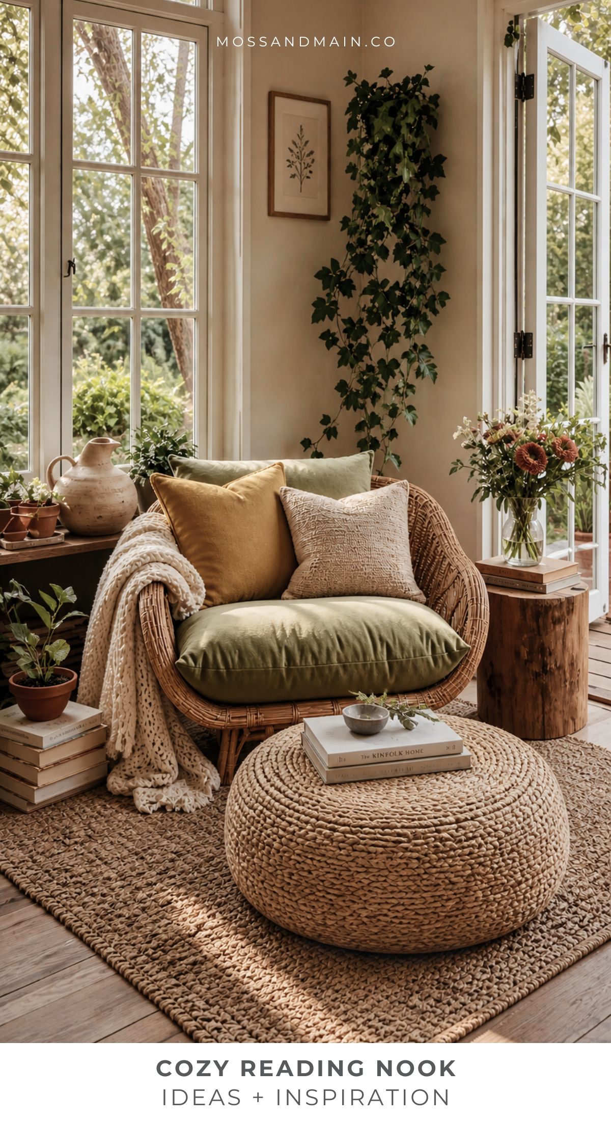 A cozy reading nook with a round wicker chair, green and yellow cushions, a knitted blanket, and potted plants creates the perfect Little Escape as natural light streams through large windows.