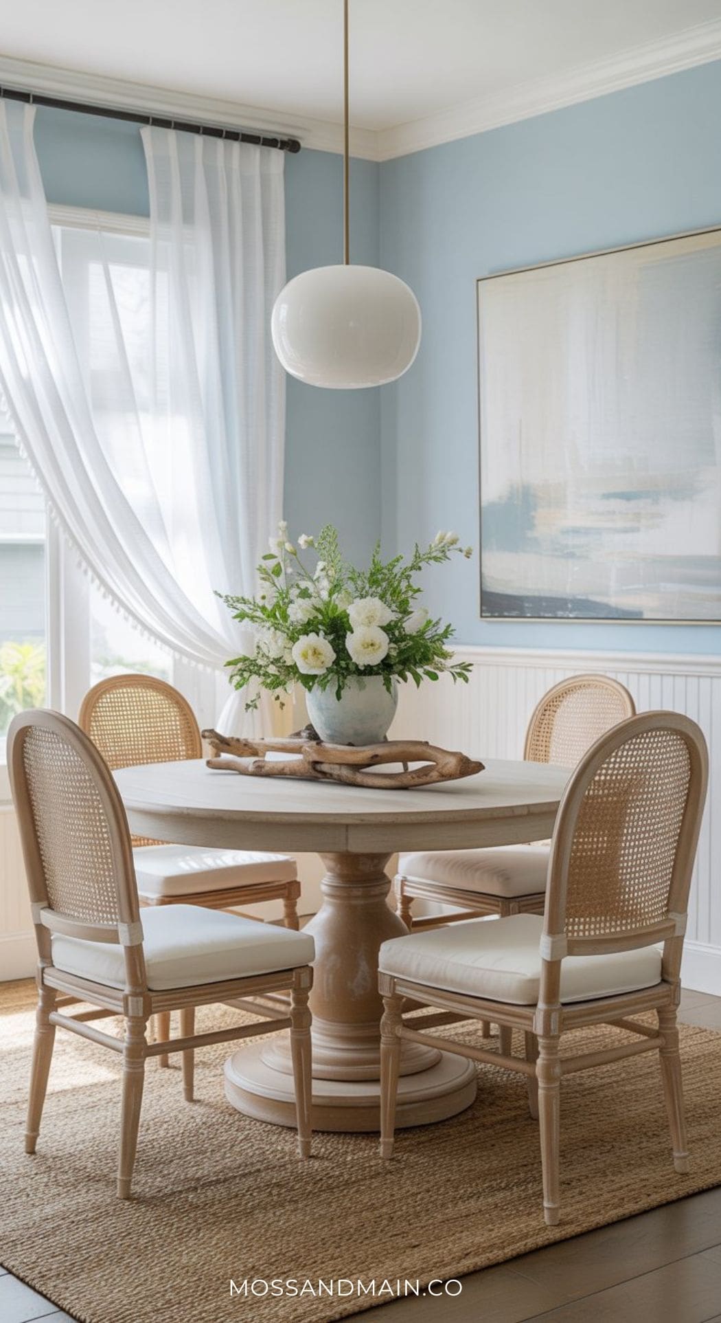 A bright blue dining room with a round wooden table, four wicker-back chairs, a vase of white flowers, a modern white pendant light, sheer white curtains, and large framed artwork—perfect inspiration for Blue Dining Room Ideas.
