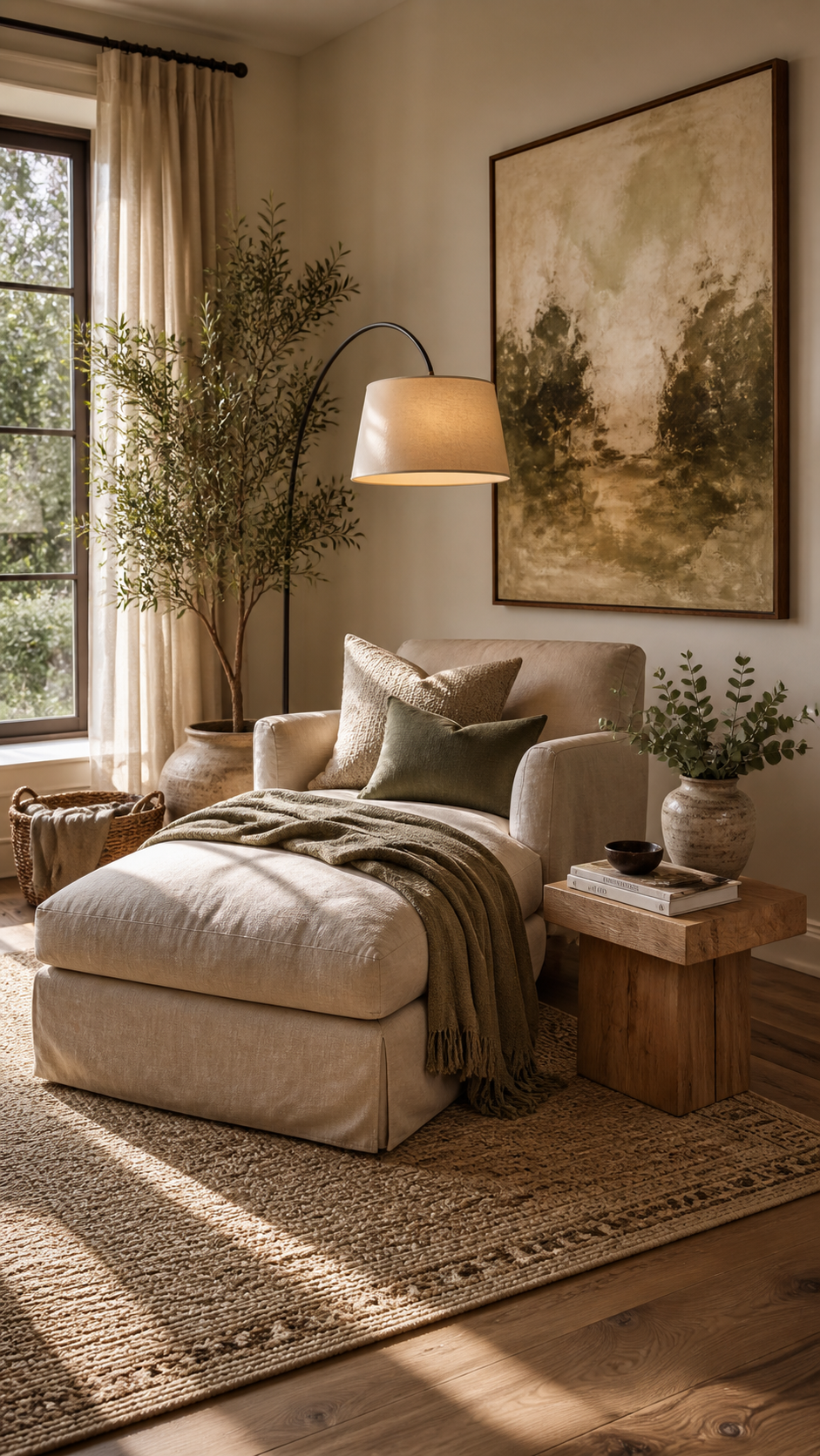 A cozy reading nook escape with a beige armchair and ottoman, green throw blanket, wooden side table, potted plants, a large landscape painting, and natural light streaming through sheer curtains.