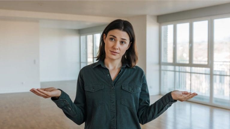 A woman with shoulder-length brown hair stands in a bright, empty room, wearing a green button-up shirt and holding her hands up with a puzzled expression—perhaps wondering about rental decorating ideas. Large windows fill the space with natural light.