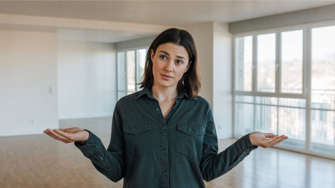 A woman with shoulder-length brown hair stands in a bright, empty room, wearing a green button-up shirt and holding her hands up with a puzzled expression—perhaps wondering about rental decorating ideas. Large windows fill the space with natural light.