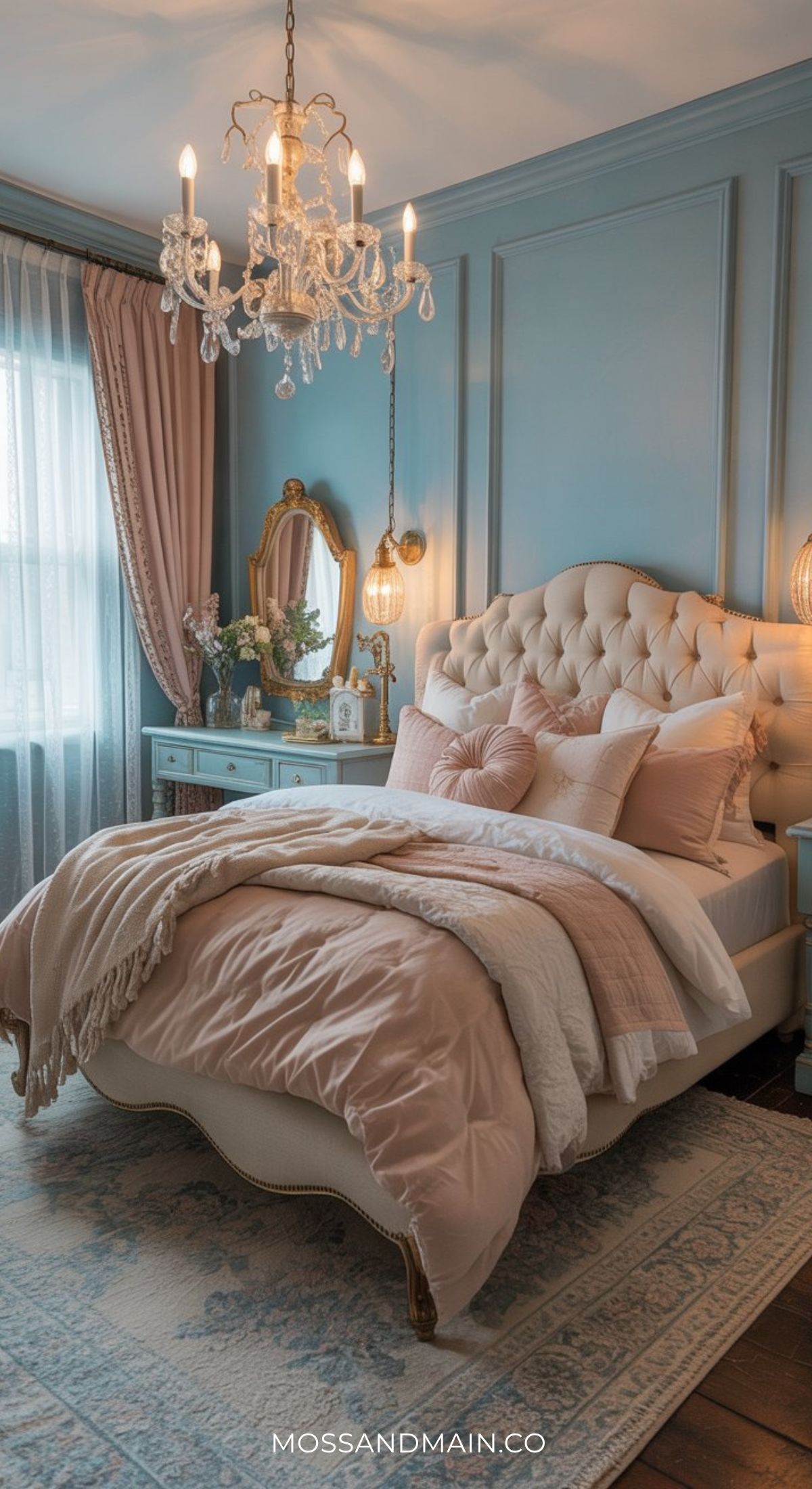 A cozy, elegant bedroom with a tufted cream headboard, light pink bedding, and a duck egg blue accent wall—perfect inspiration for elegant bedroom ideas. Vintage vanity, chandelier, and soft natural light enhance its charm.