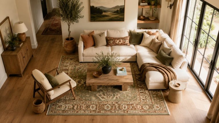 Cozy living room with a large cream sectional sofa, many neutral throw pillows, a wood coffee table, patterned rug (see rug size guide for inspiration), armchair, greenery, artwork on the wall, and large windows letting in natural light.