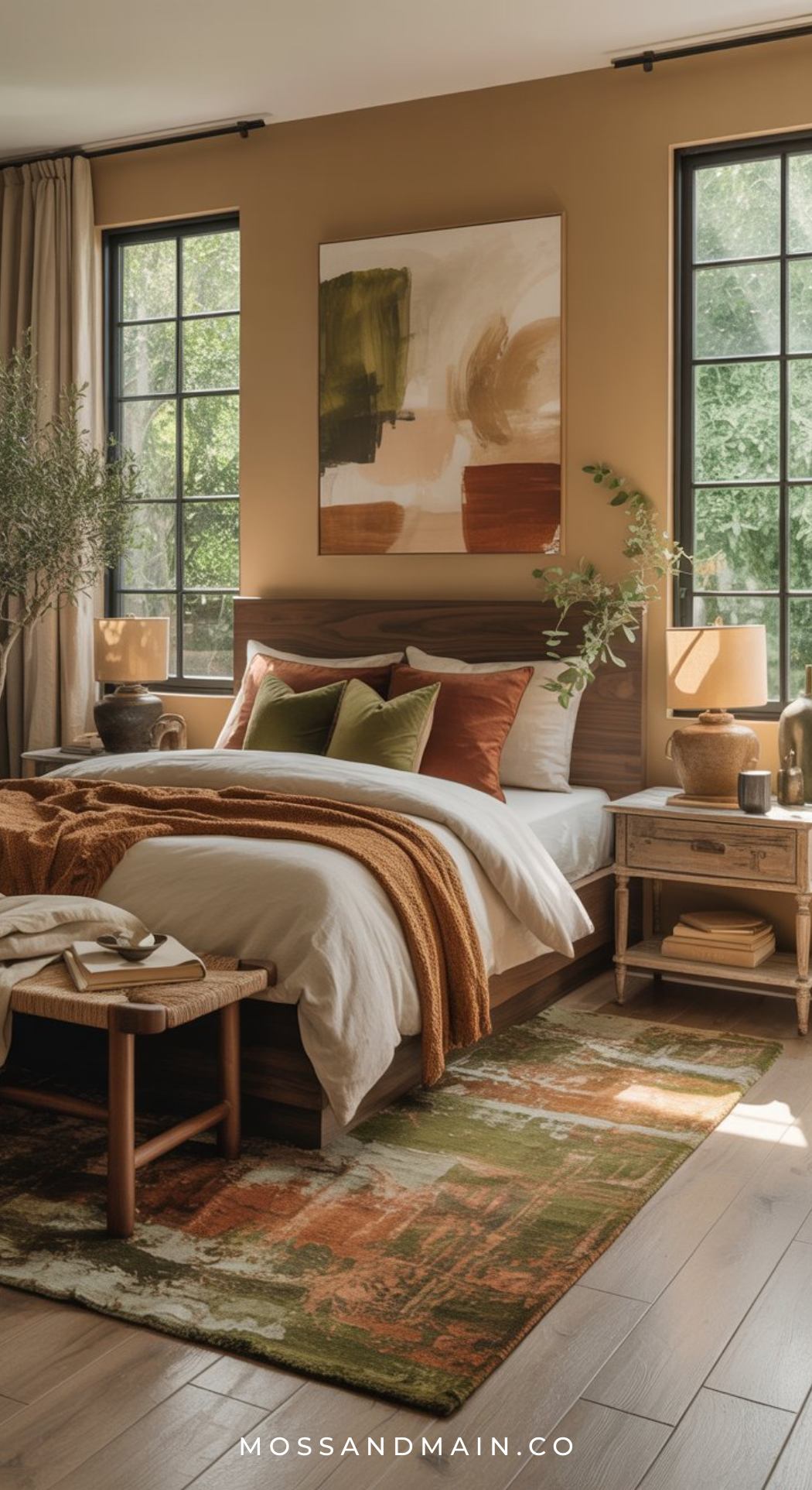 A cozy, sunlit earthy bedroom features a wooden bed with earth-toned pillows and rust orange throws, a rustic nightstand with a lamp, a patterned rug, large windows, greenery, and abstract art above the bed.