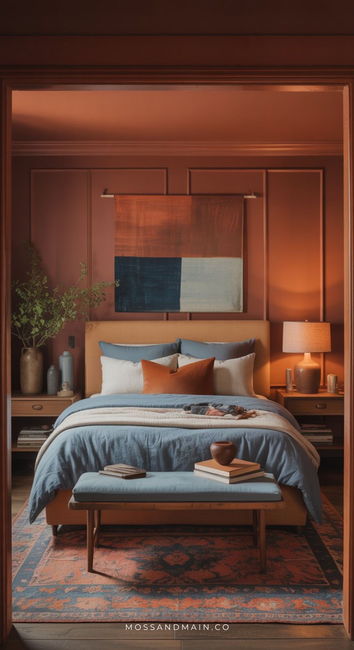 A cozy bedroom with warm, earthy tones features a neatly made bed with blue and rust bedding, perfect for dusty blue bedroom or rust bedroom ideas. A wooden bench, bedside tables with lamps, a potted plant, and modern wall art complete the cozy earthy vibe.