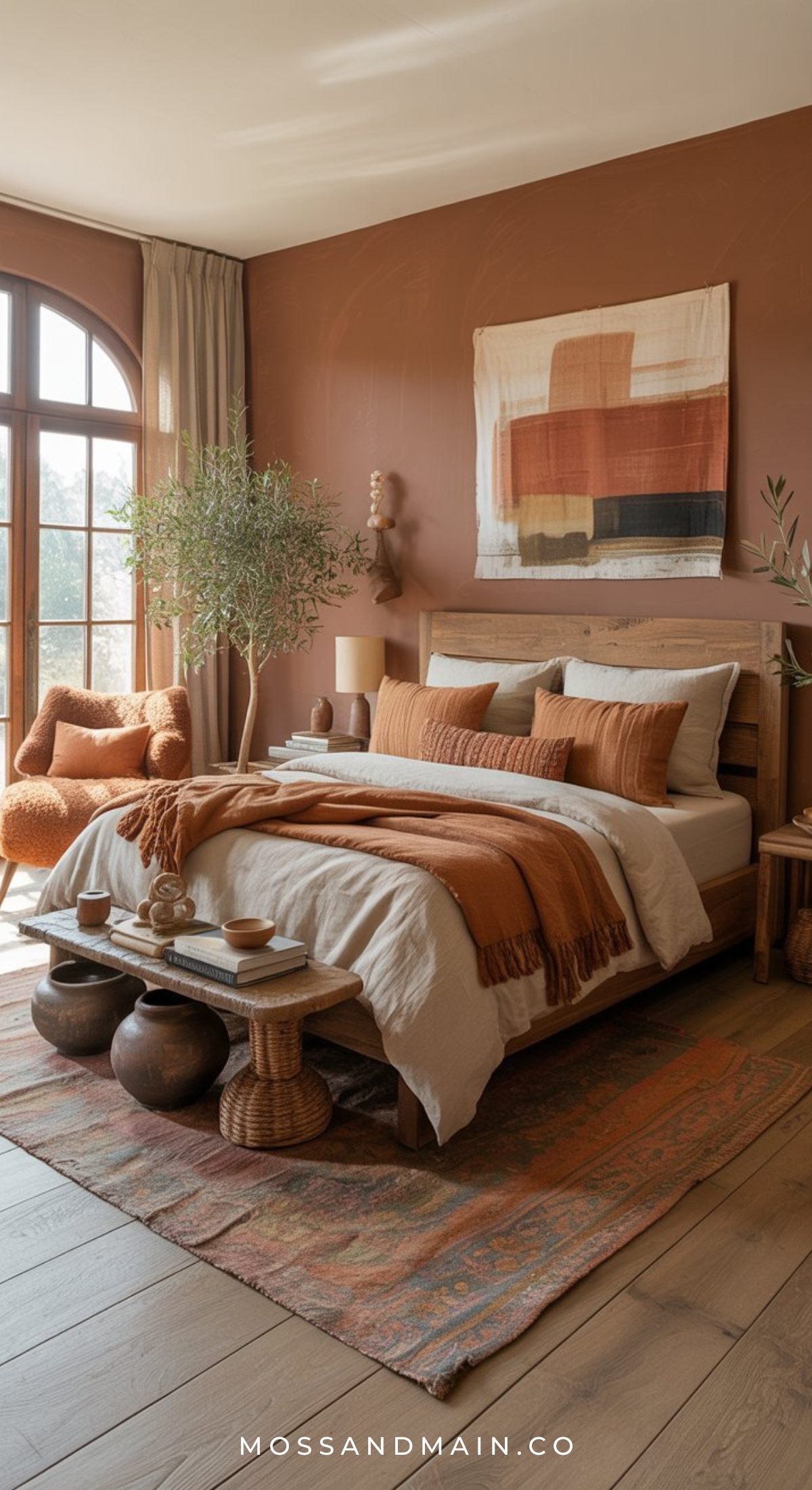 A cozy rust orange bedroom with terracotta walls, a wooden bed with white and rust bedding, a patterned rug, earthy decor touches, a potted plant, comfy armchair, and a large window letting in natural light. MOSSANDMAIN.CO.