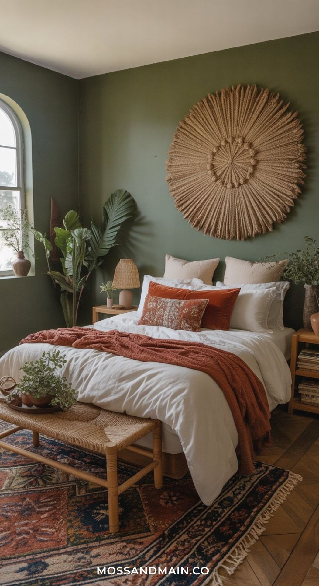 A cozy green boho bedroom with green walls, a woven sunburst wall hanging above the bed, white bedding, rust-colored pillows and blanket, wooden furniture, potted plants, and natural light from an arched window.