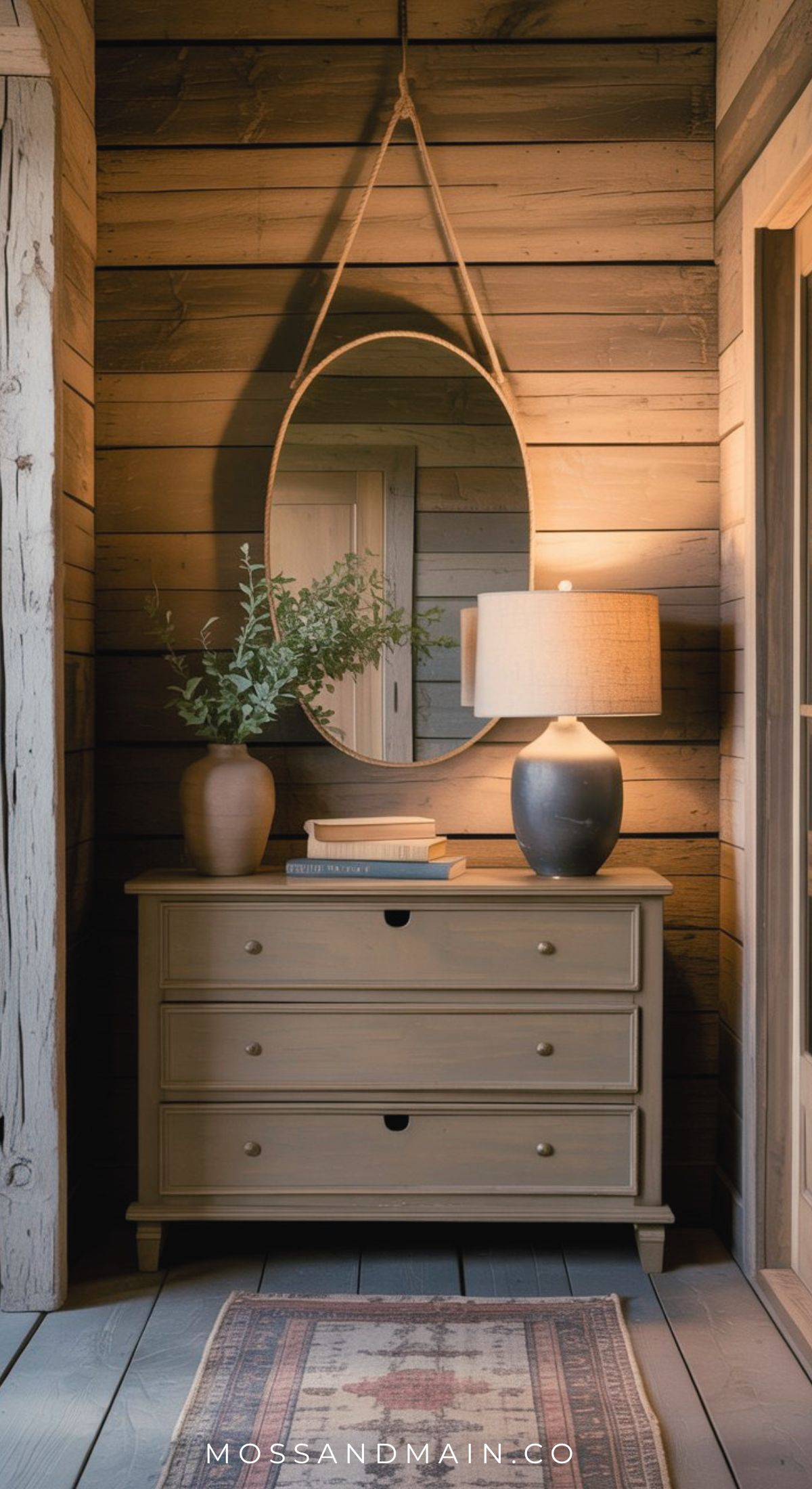 A rustic wooden dresser with three drawers sits against a wood-paneled wall, creating an effortless entryway. On top are a lamp, a vase with greenery, and books. An oval mirror with a hanging leather strap is above the dresser.