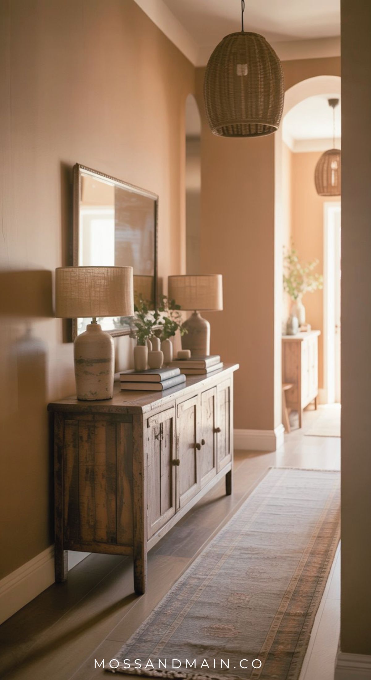 A warm entryway with wooden furniture, two table lamps, decorative vases, books, and a mirror above a rustic console table. A pendant light hangs overhead as sunlight streams in—offering inviting rustic entryway ideas for your home.