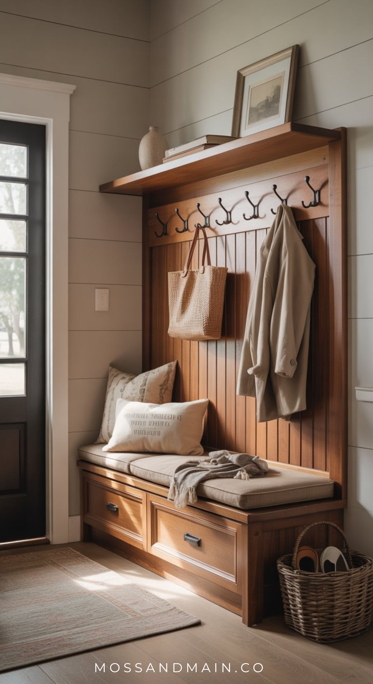 A warm entryway scene: a wooden bench with a cushioned seat, coat hooks holding a tan bag and jacket, a pillow and book on the bench, woven basket below, and framed decor above. Sunlight pours in, inspiring rustic entryway ideas.