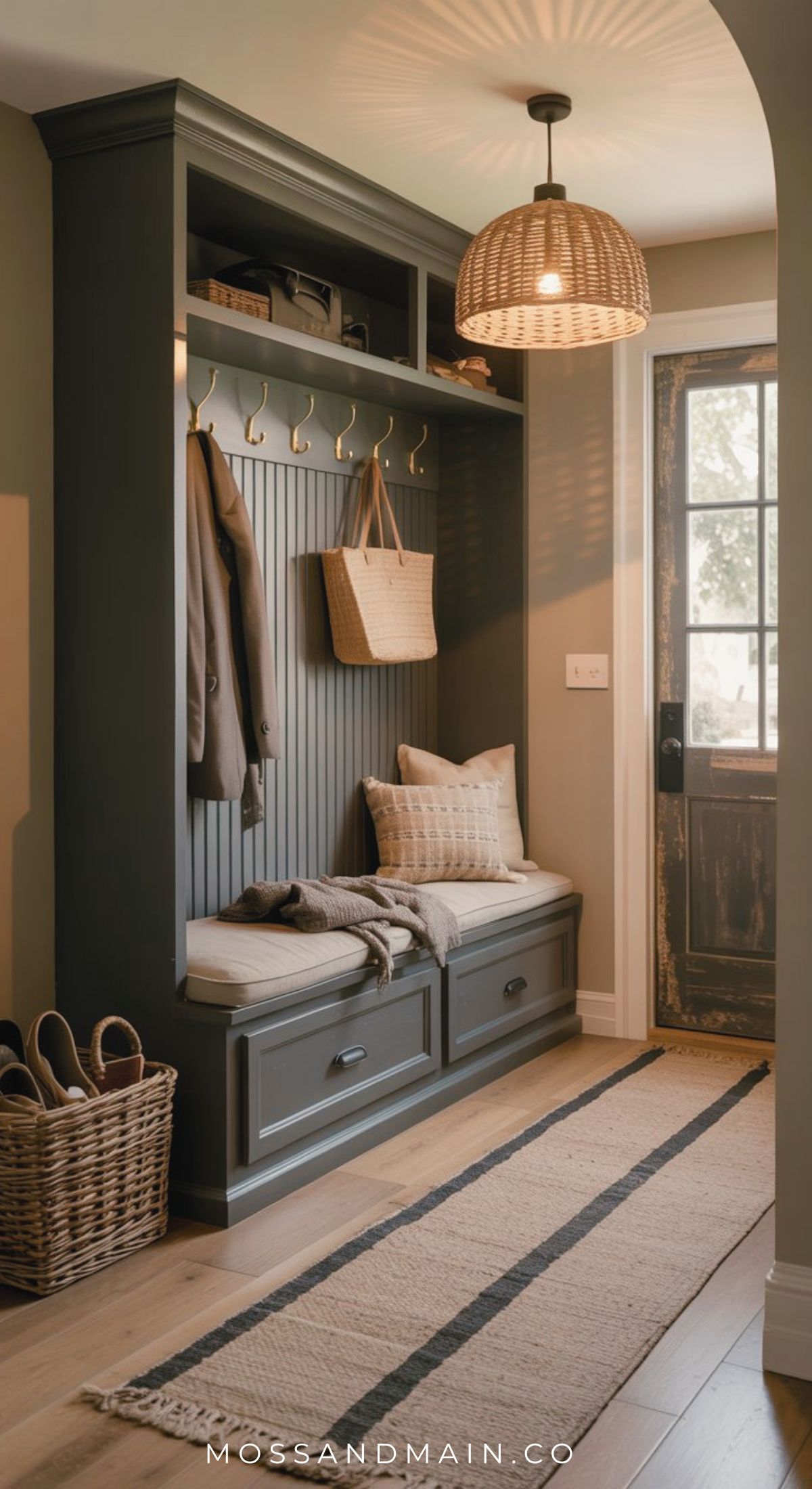 A cozy, warm entryway mudroom with built-in dark green storage, a bench with cushions, coat hooks holding jackets and a bag, wicker baskets for shoes, a striped rug, and a rattan light. Natural light pours in through the glass door.