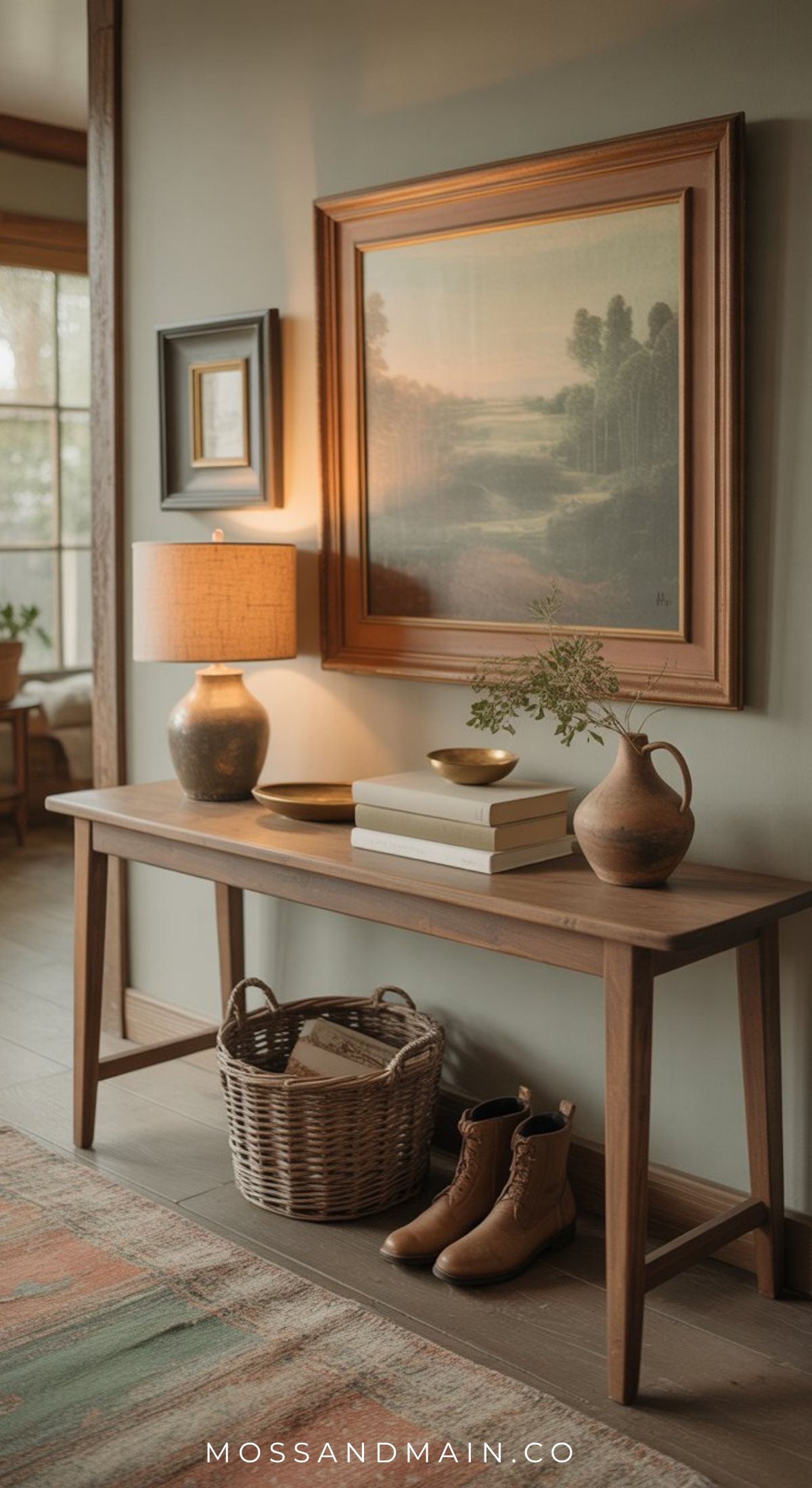 A wooden console table with books, a lamp, and a ceramic vase stands against a green wall with a framed landscape painting. Below, a wicker basket and brown boots rest on the floor, inspiring warm entryway decor filled with natural light.