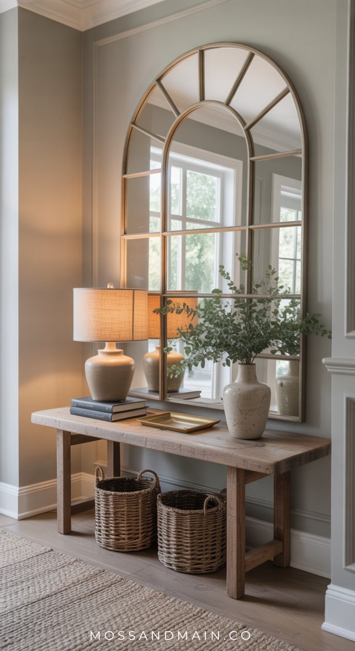 A wooden bench with two woven baskets underneath, topped with a lamp, books, and vase of greenery, creates an effortless entryway in front of a large arched mirror reflecting a window in this softly lit, elegant hallway.