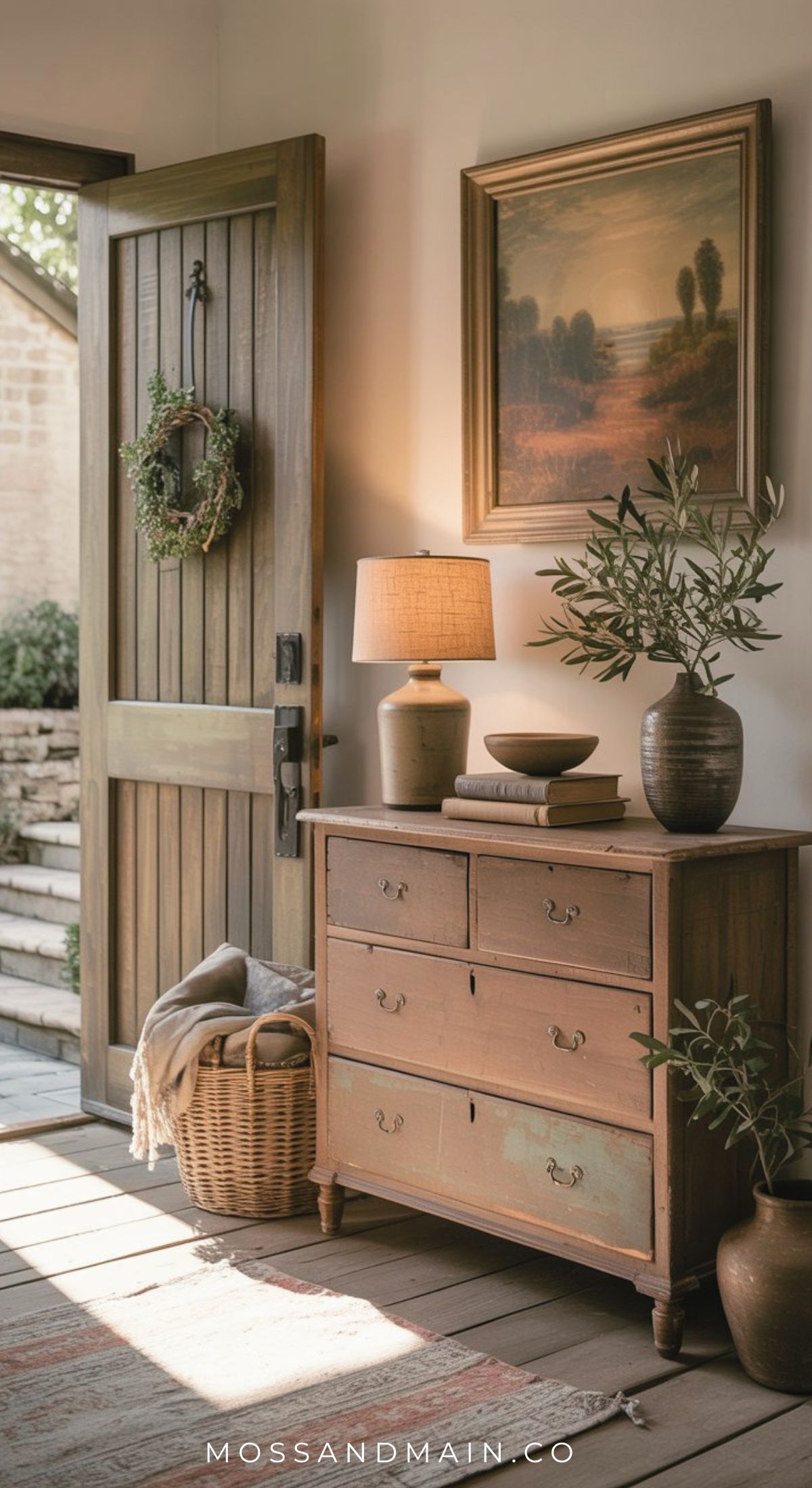 A cozy, warm entryway decor features an open wooden door, a wreath, rustic dresser with lamp, bowl, potted plant, painting above, and a basket with blanket on the wooden floor as sunlight streams in—perfect for effortless entryway charm.