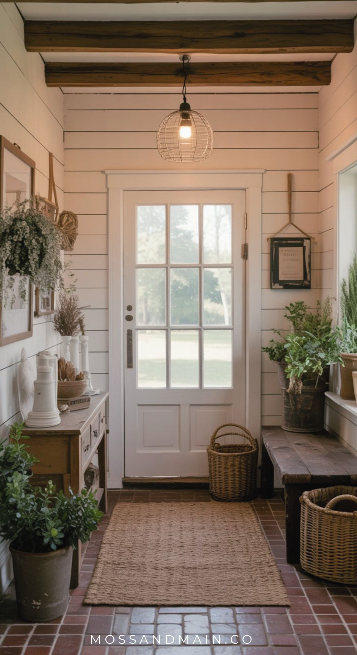 A bright, warm entryway with a white door and sidelights, wooden bench, basket, potted plants, woven rug, and white shiplap walls decorated with framed art and dried flowers—perfect inspiration for rustic entryway ideas.