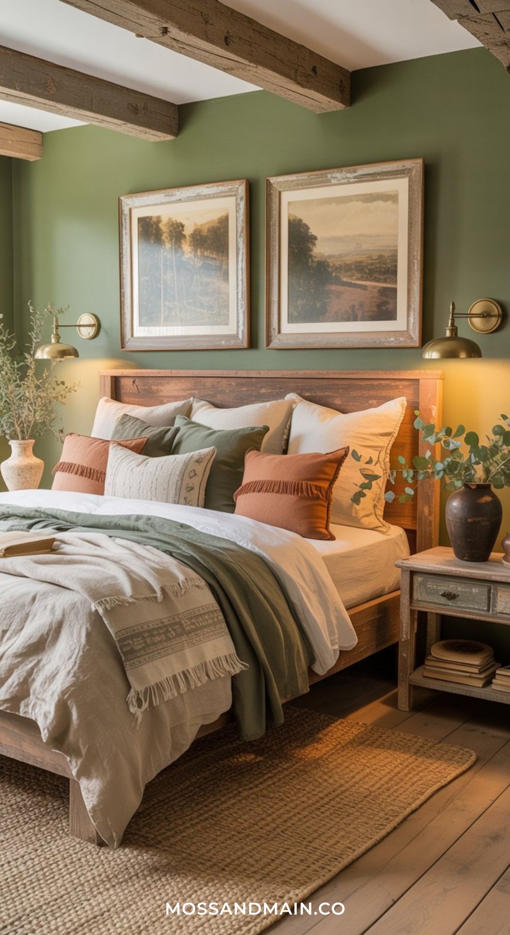 A cozy Green Boho Bedroom with green walls, a wooden bed frame, neutral bedding with green accents, landscape paintings above the bed, exposed wooden beams on the ceiling, and plants on bedside tables for a fresh boho vibe.