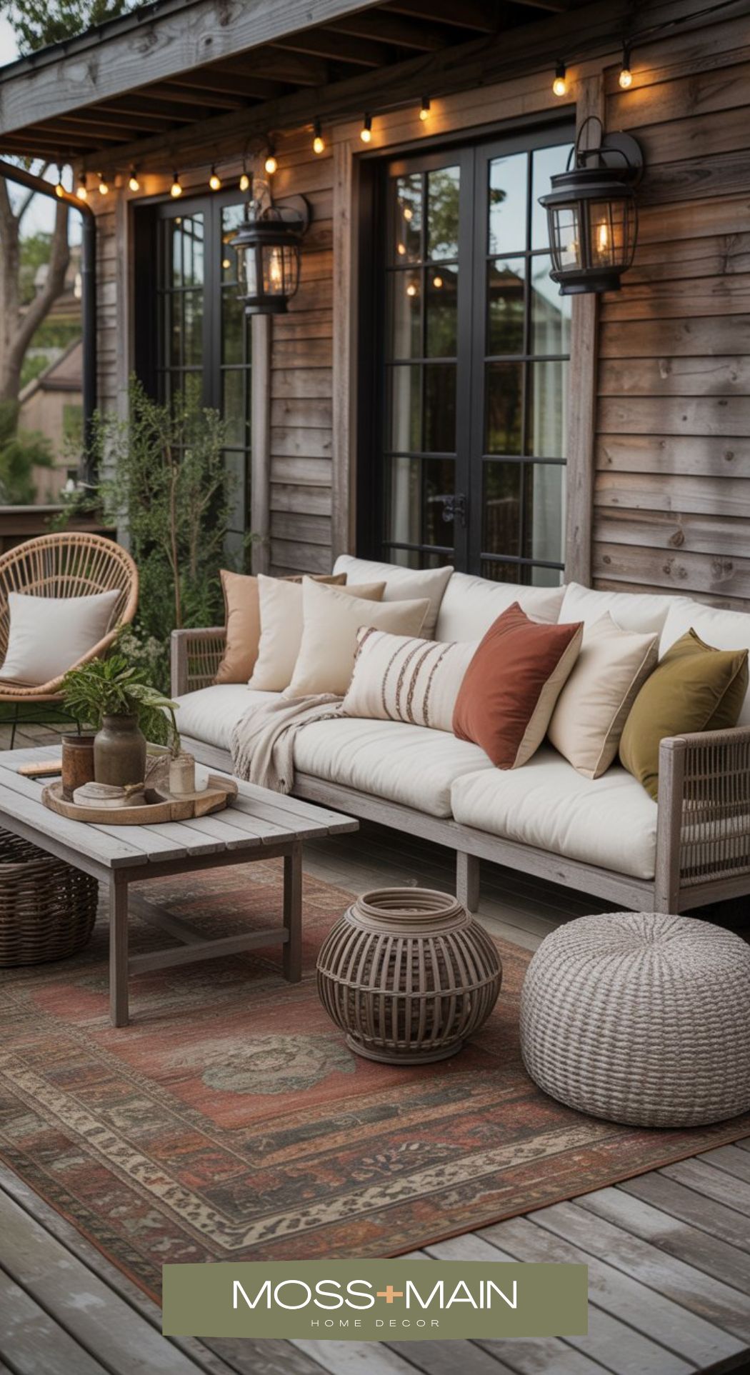 A cozy backyard patio with a wooden sofa, neutral and rust-colored cushions, a patterned rug, wicker and knitted poufs, coffee table, string lights, and decorative lanterns—perfect for gathering Boho patio ideas. Moss + Main Home Decor logo at bottom.