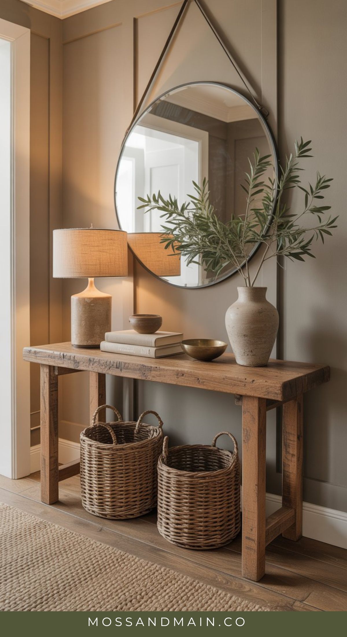A rustic wood console table holds a lamp, books, and a vase with greenery. A round mirror hangs above, while two woven baskets sit underneath. Discover effortless entryway style with this neutral, cozy decor. Text at the bottom reads “MOSSANDMAIN.CO”.