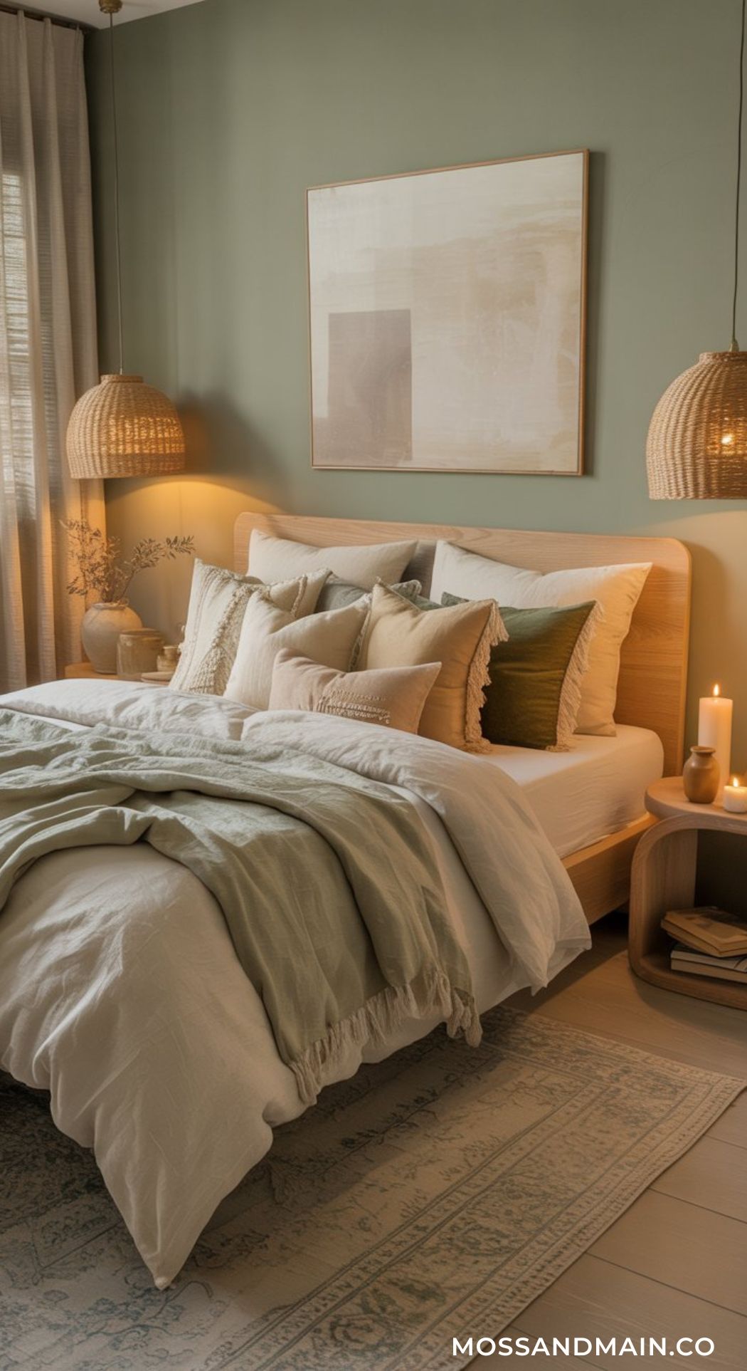 A cozy bedroom with earth-toned linens, throw pillows, rattan pendant lights, and minimalist wall art showcases layered bedroom charm—perfect inspiration for those seeking Cozy Bedroom Ideas and a warm, inviting atmosphere.
