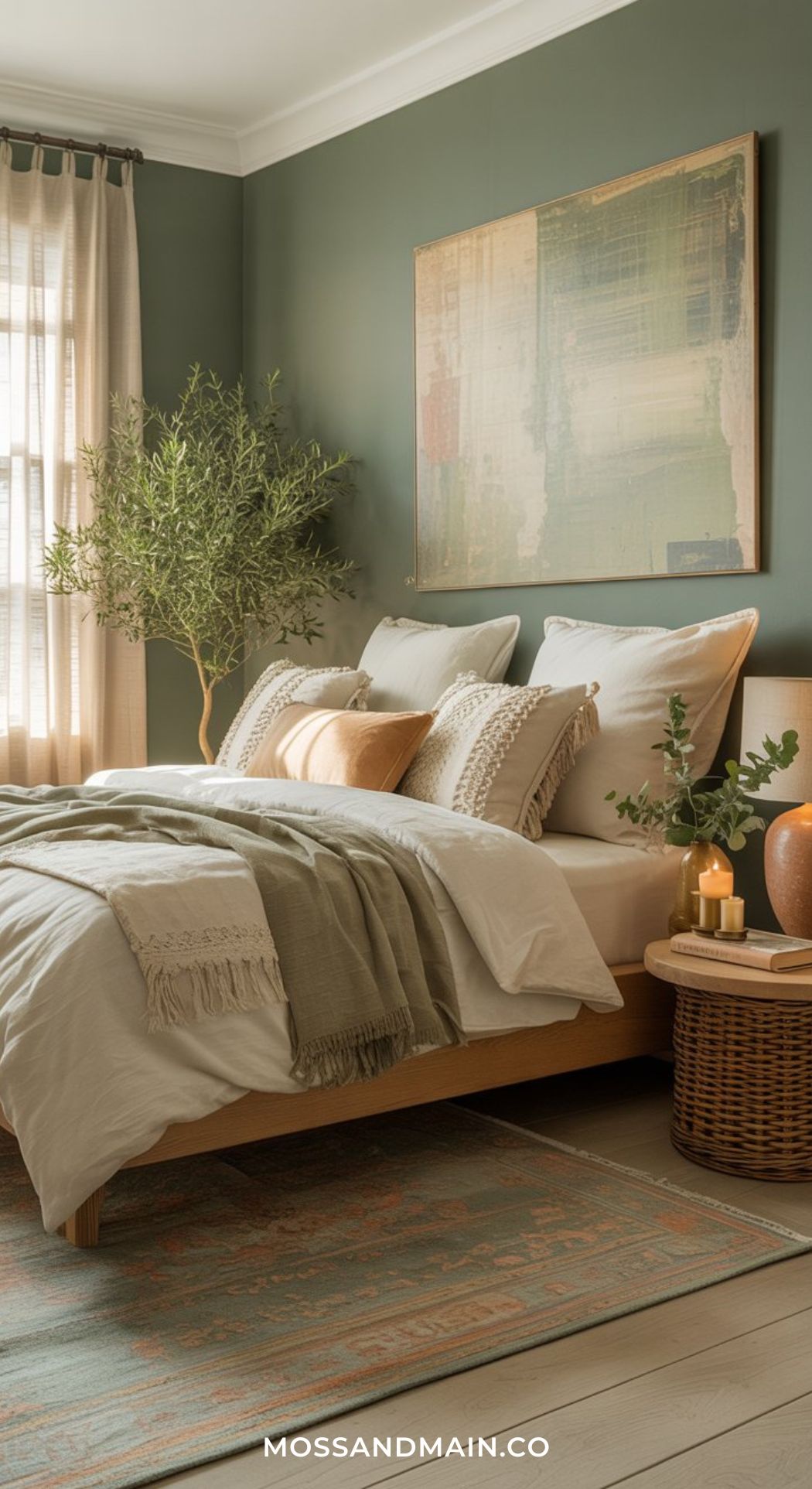 A cozy bedroom showcases Green Boho Bedroom style with a wooden bed, neutral layered bedding, an accent wall, abstract art, potted plants, a wicker side table with a candle, and sunlight streaming through sheer curtains.