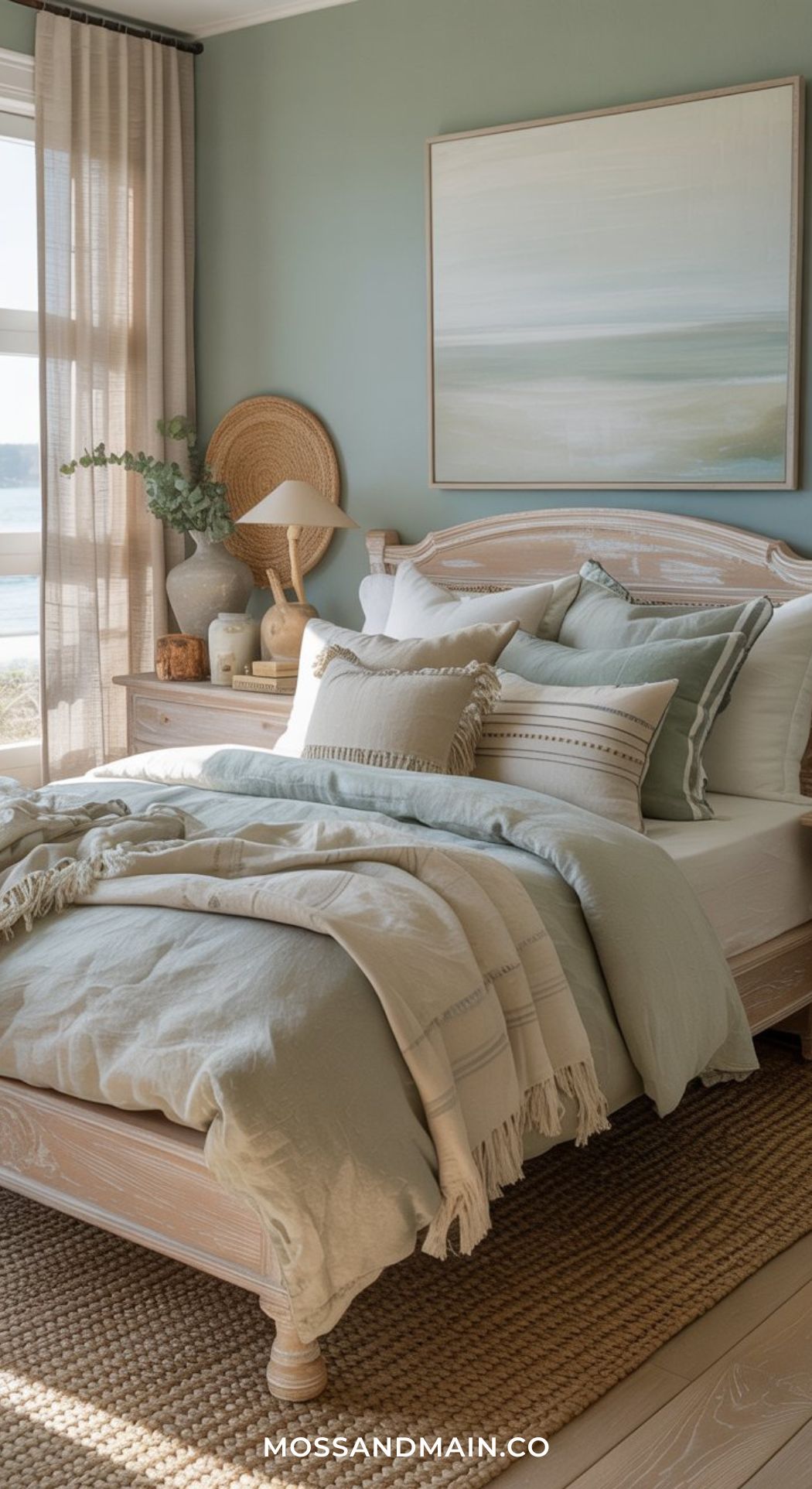 A cozy bedroom with a light wood bed, layered neutral and sage green bedding, pillows, and a beige throw. A large landscape painting hangs above the bed—perfect for Green Boho Bedroom inspiration as sunlight streams through the window.