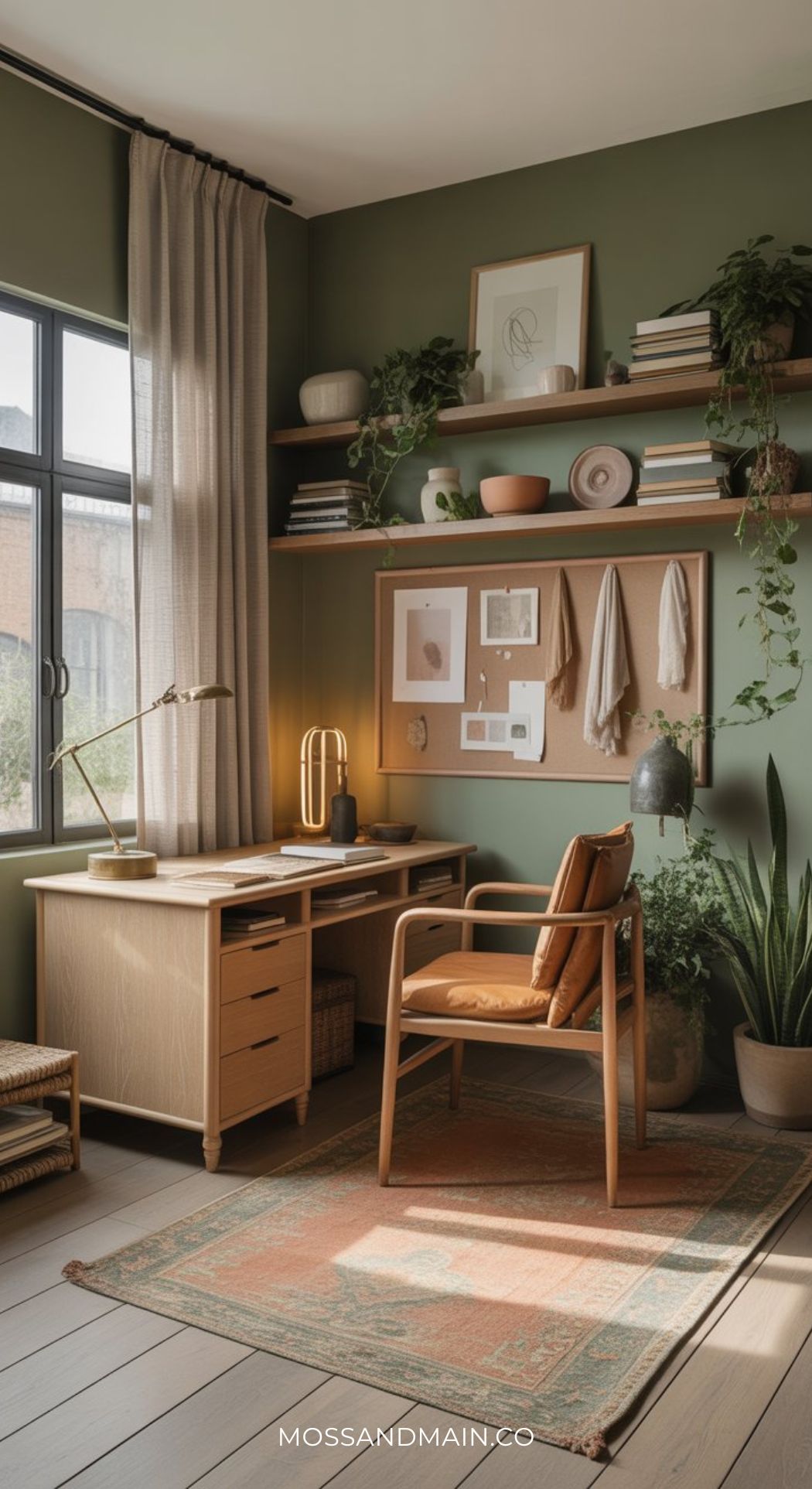 A cozy home office with a wooden desk and chair, green walls, shelves for books and plants, a window with beige curtains, and a patterned rug. Natural light fills the room—perfect inspiration for warm office ideas.