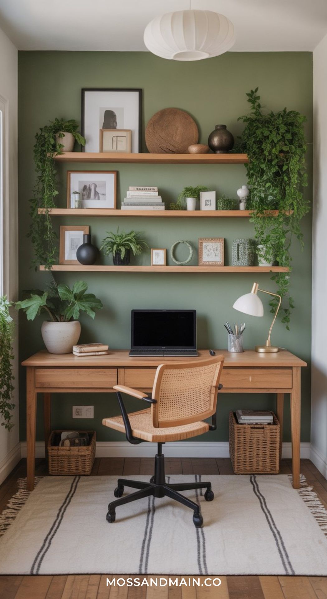 A stylish modern minimalist office features a wooden desk with a computer, a rattan chair, and a white lamp. Two wooden shelves above display books, framed art, and potted plants. The green walls and cozy rug inspire fresh office design ideas.