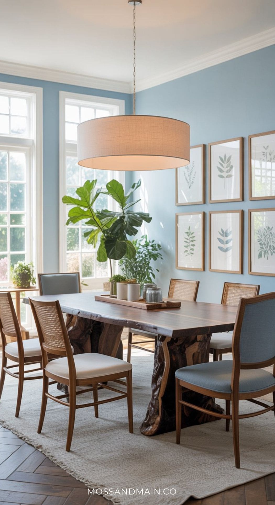 A bright dining room with light blue walls showcases Blue Dining Room Ideas—a wooden table with a live-edge base, six chairs, a potted plant, framed botanical prints, and a modern drum pendant light create an inviting space.