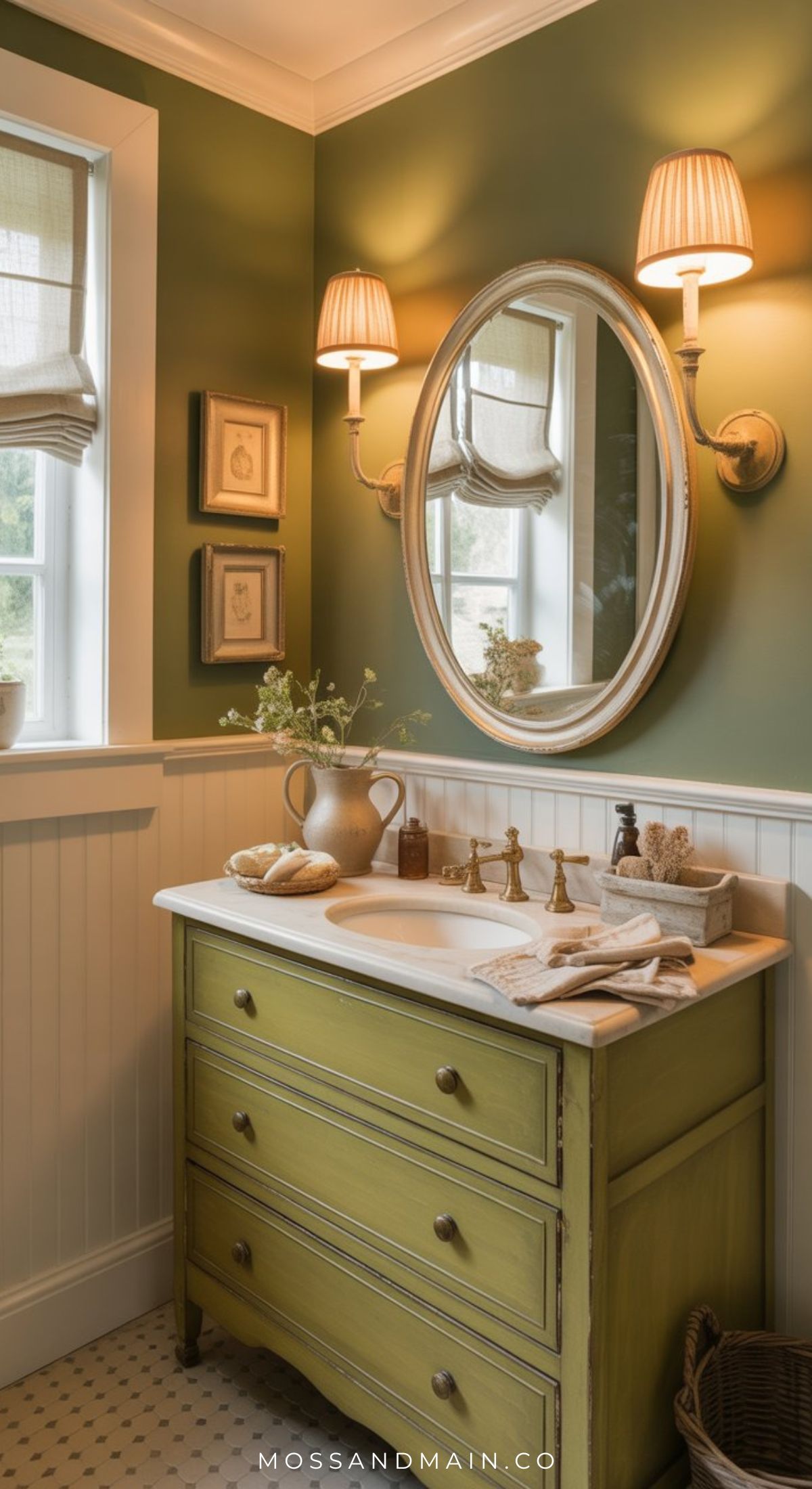A cozy Olive Green Bathroom features vintage green vanity with a marble sink, an oval mirror, wall sconces with shades, and natural light from a window. Decorative accents and towels complete these inviting bathroom ideas for a rustic look.
