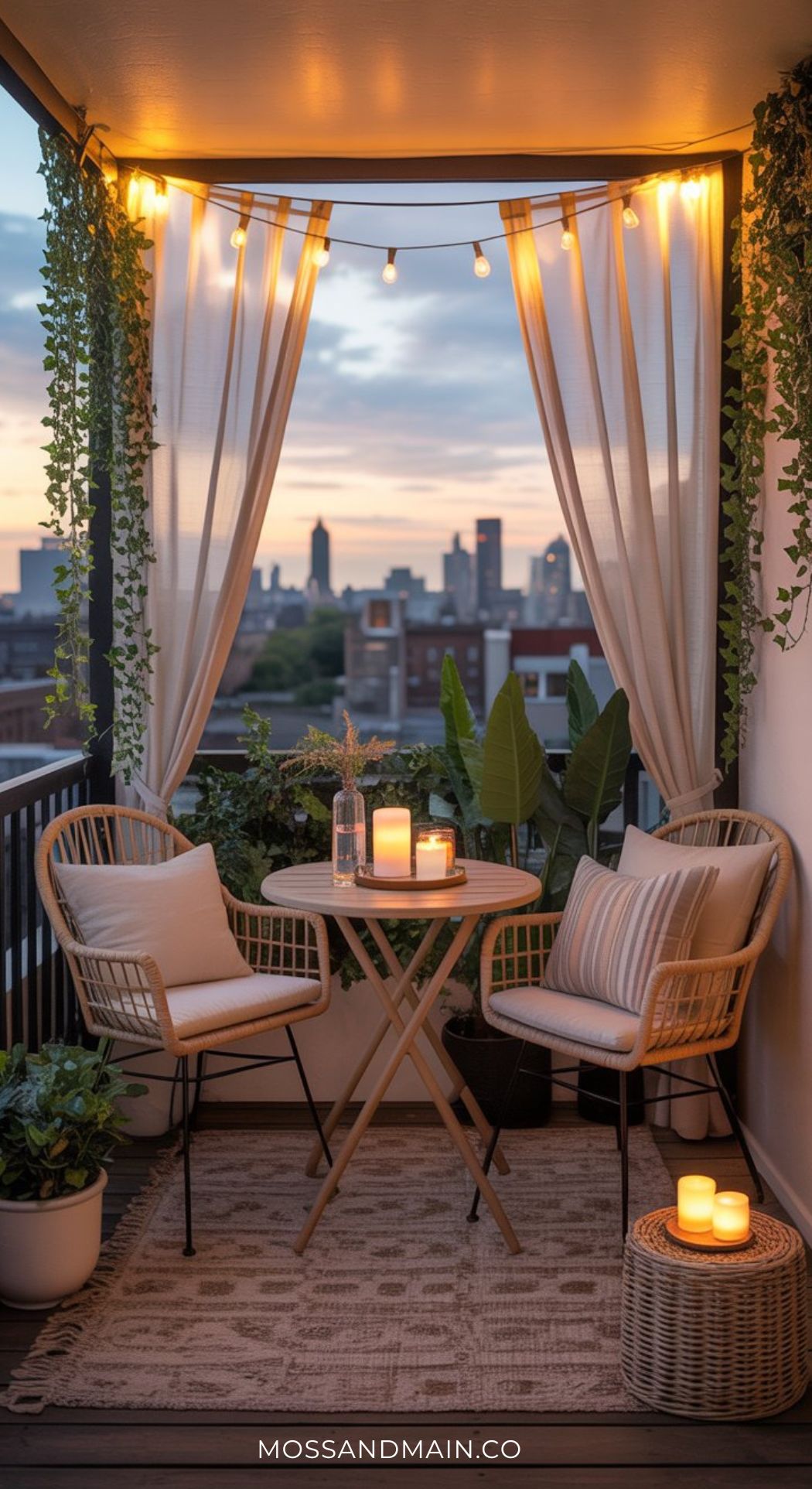 Cozy balcony setup with two wicker chairs, a round table with candles, potted plants, string lights, and sheer curtains offers inspiring boho patio ideas. The city skyline and a sunset create the perfect backdrop for relaxation.