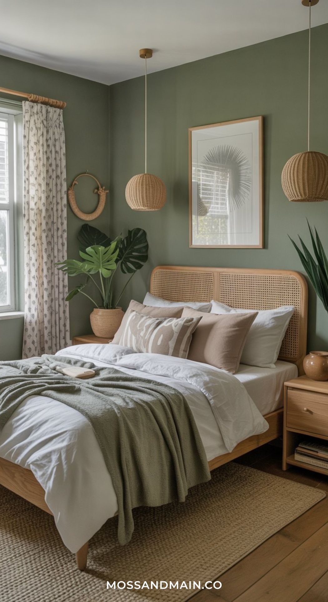 A cozy bedroom with a green accent wall, rattan bed frame, neutral bedding, and throw pillows showcases layered bedroom decor. Potted plants and natural wood furniture complete this green boho bedroom as sunlight filters through patterned curtains.