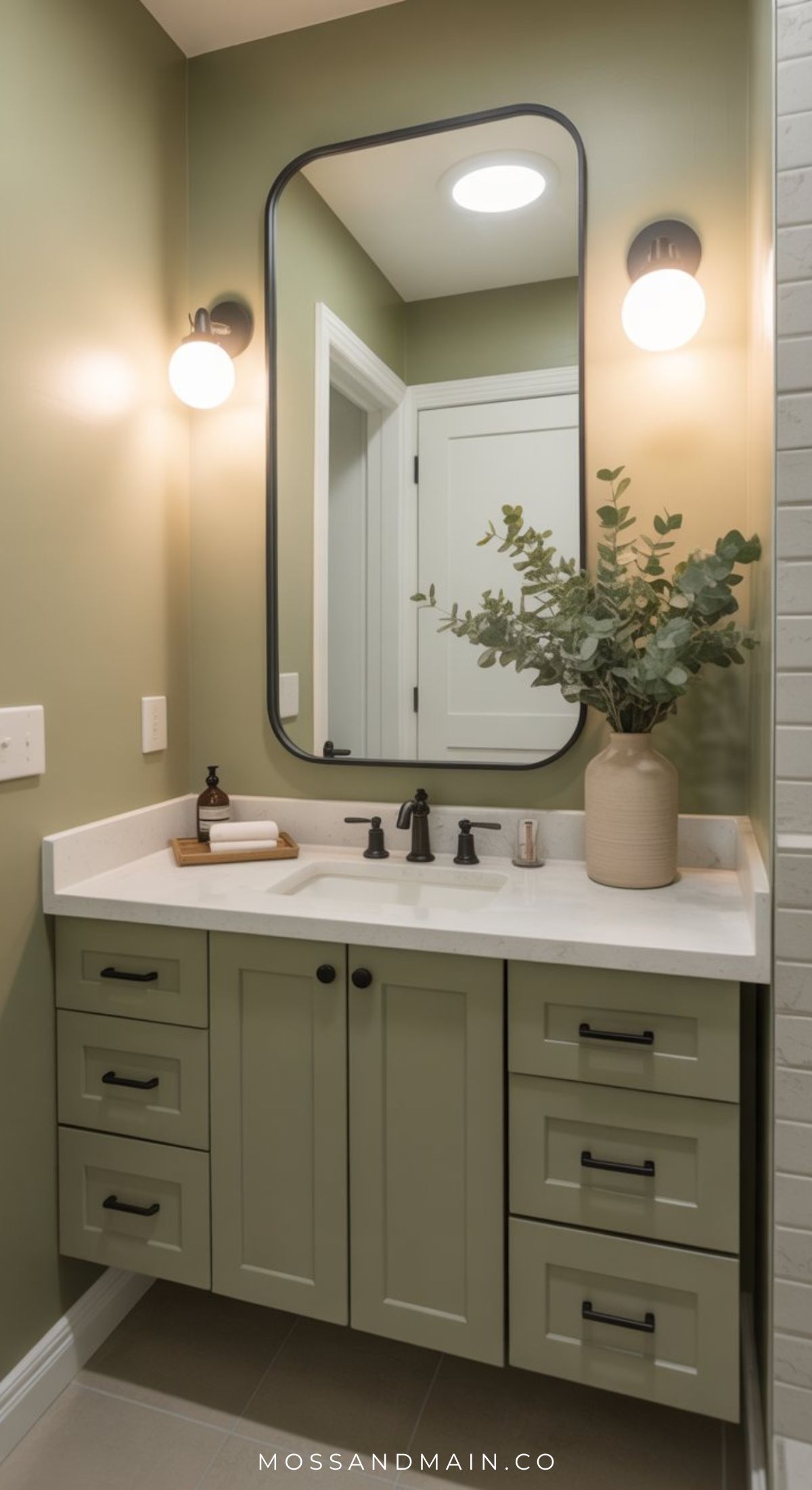 A modern moody bathroom with sage green cabinets, a white countertop, black fixtures, a large rectangular mirror, two wall-mounted round lights, and a vase with greenery on the counter—perfect for fresh bathroom ideas.