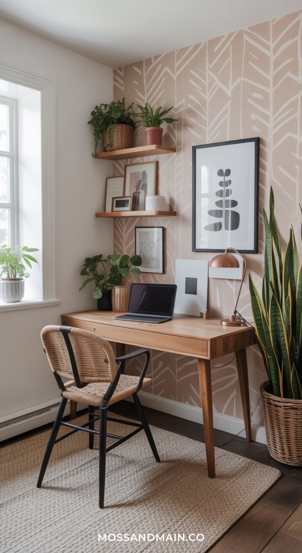 A cozy, warm office design features a wooden desk with a laptop, rattan chair, potted plants, wall art, and floating shelves, set against a patterned accent wall near a large window with natural light.
