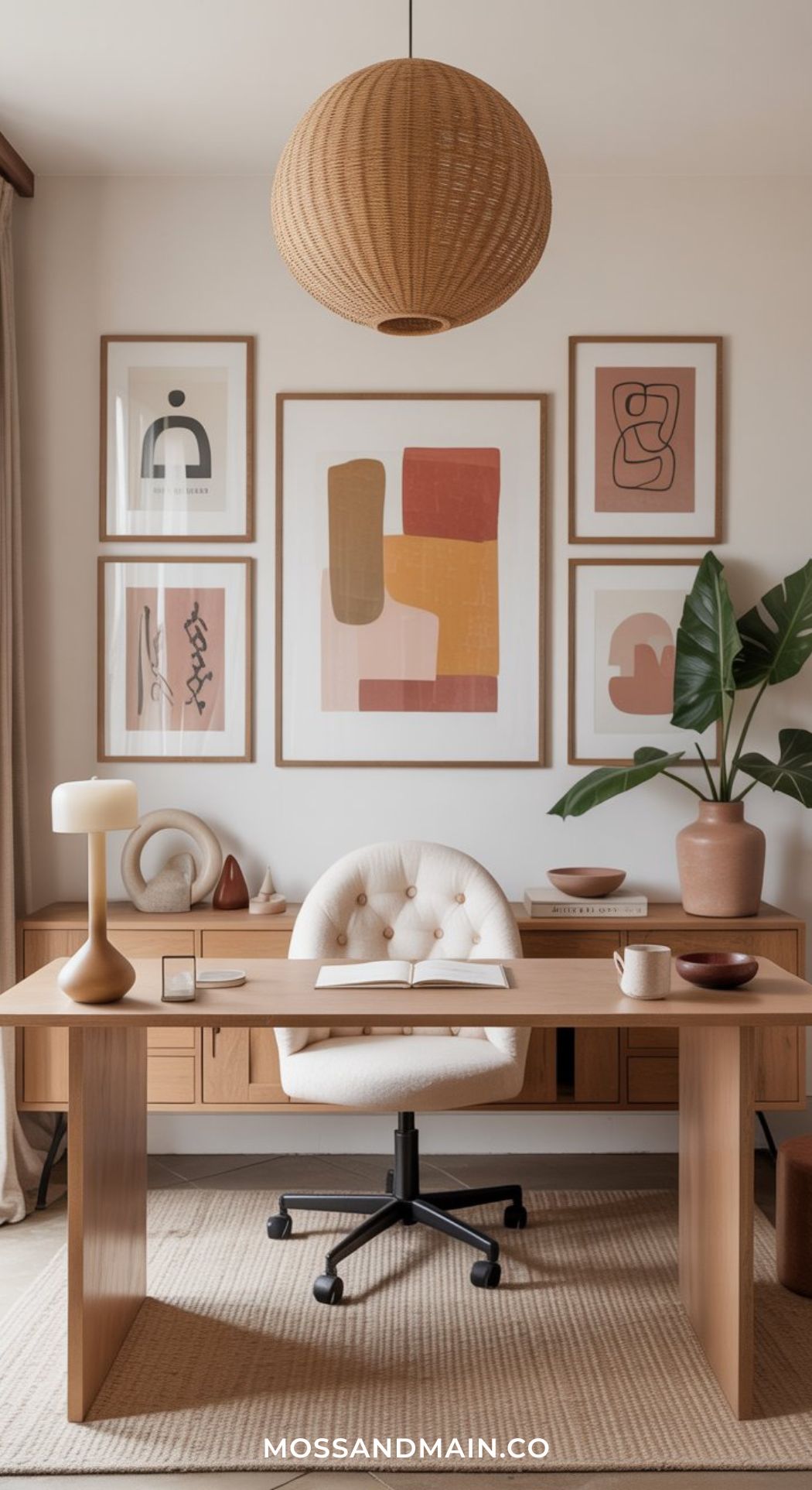 A modern minimalist office design features a wooden desk, white tufted chair, potted plant, and abstract art in neutral tones. A woven pendant light hangs above, while the rug and decor create a cozy, inviting atmosphere.
