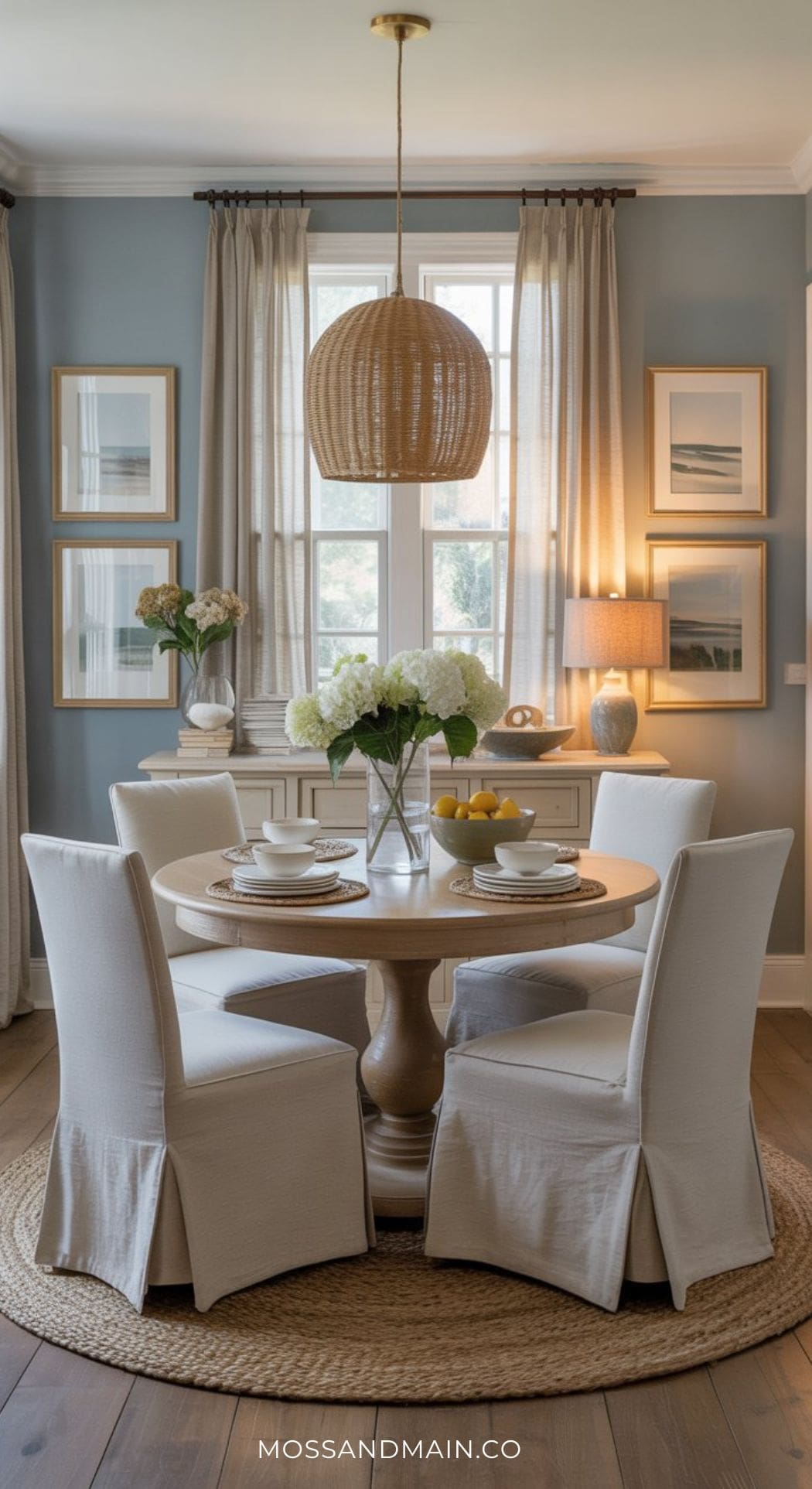 A cozy blue dining room with a round wooden table, four white slipcovered chairs, a woven pendant light, and neutral decor. Large windows with light curtains and framed art add a bright, airy feel. Discover more Blue dining room ideas for inspiration.
