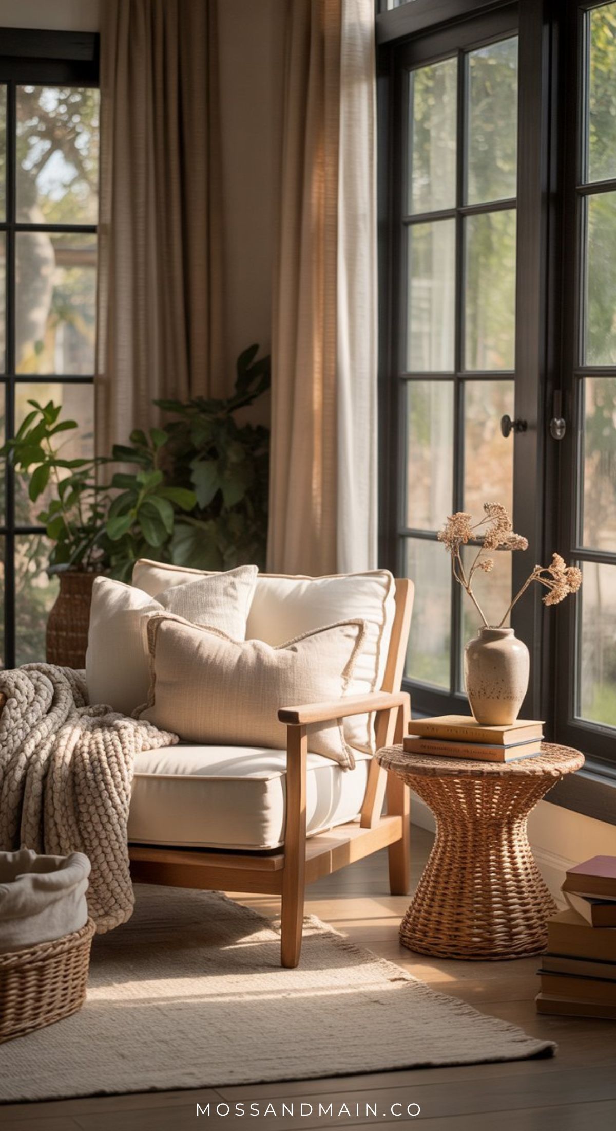 A cozy sunlit living room corner creates the perfect little escape—featuring a cushioned wooden armchair, neutral pillows, a chunky knit throw, a wicker side table with dried flowers, and large windows with beige curtains.