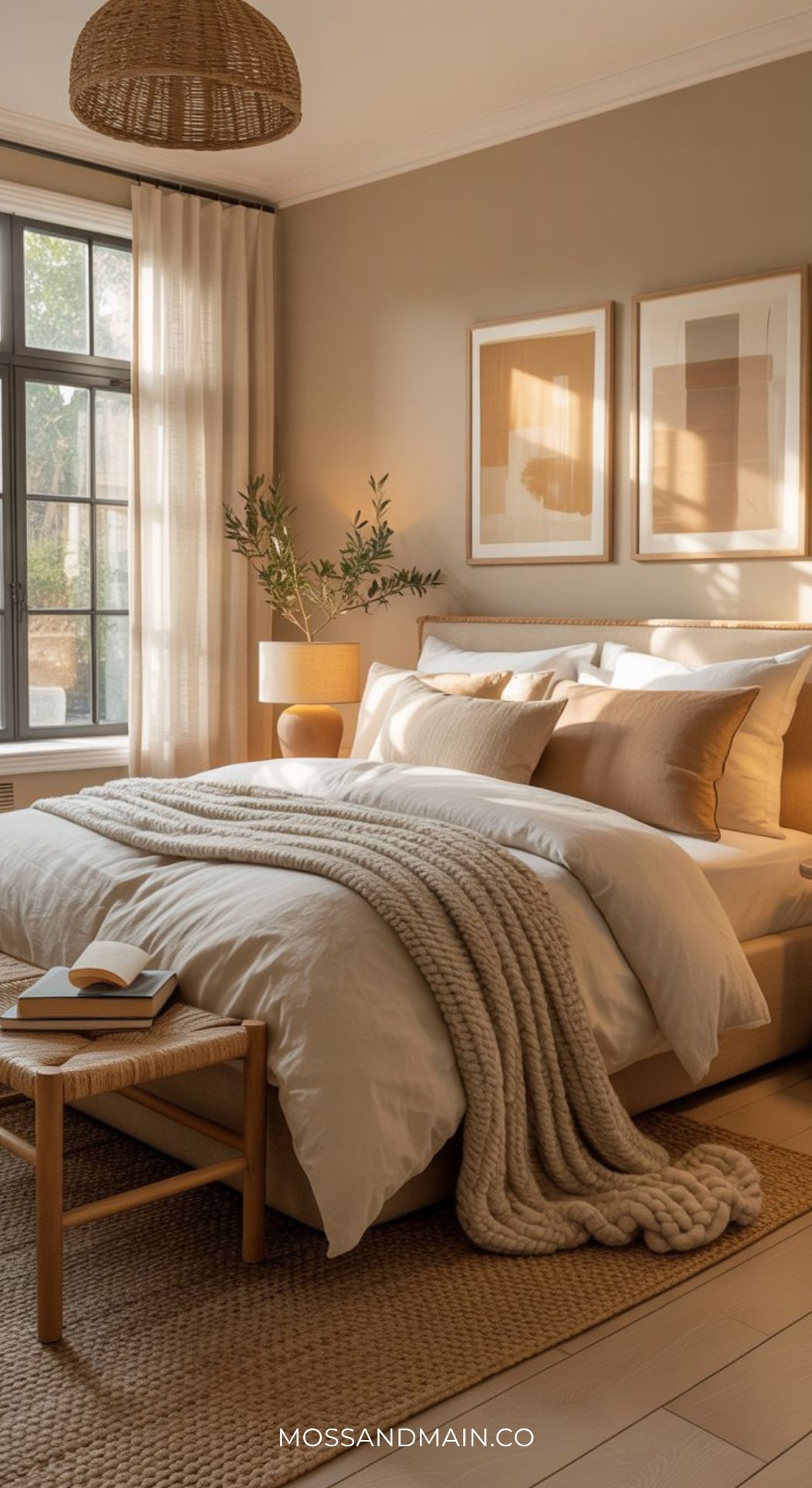 A cozy bedroom with neutral bedding, tan and white pillows, a chunky knit throw, wooden bench, and minimalist decor inspires elegant bedroom ideas. Large windows and framed art create a warm, inviting beige bedroom sanctuary.