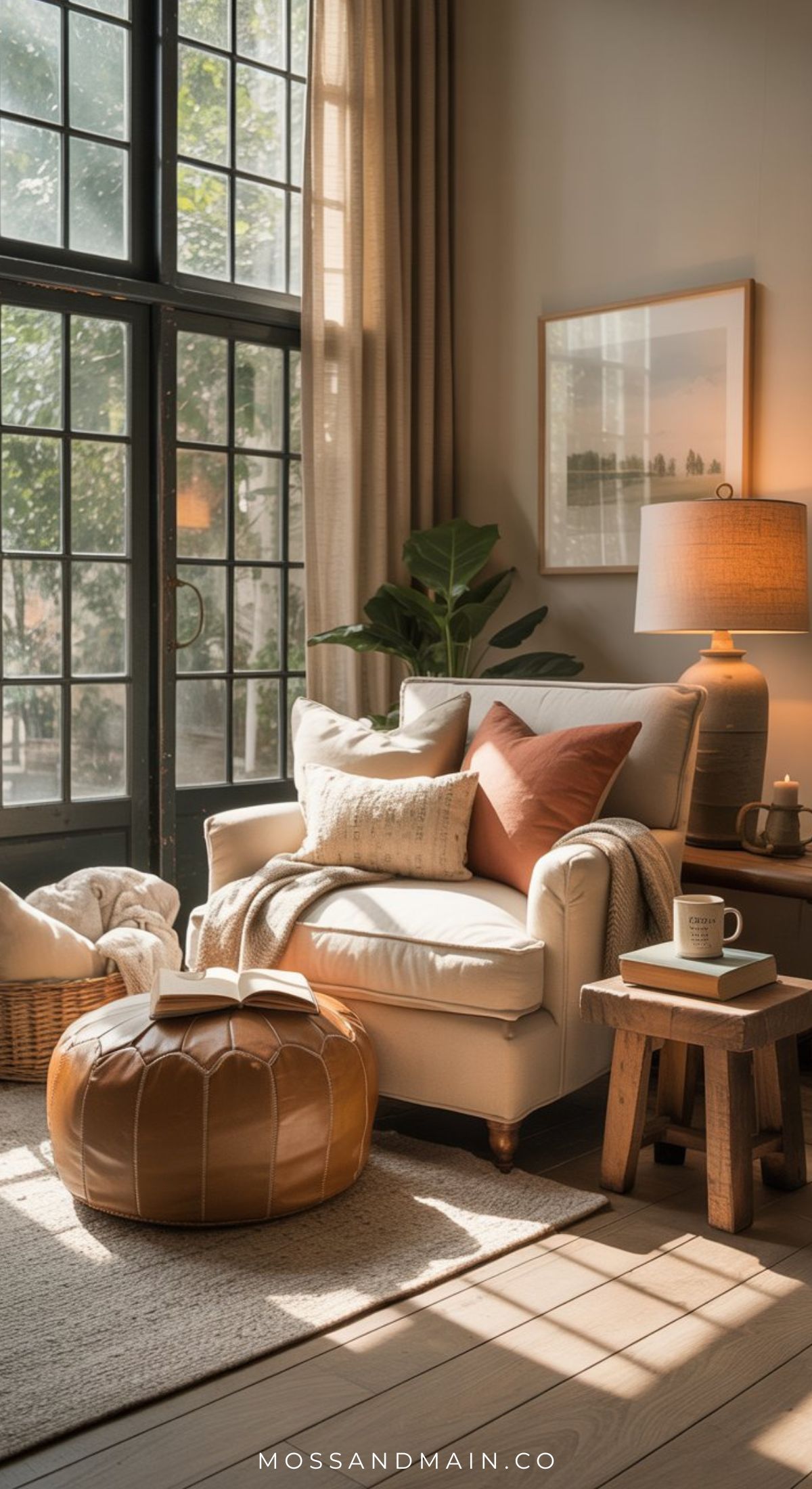 Cozy living room with a cream armchair, throw pillows, a knit blanket, a pouf, a wooden stool with a mug and book, a floor plant, and sunlight streaming through large windows with sheer curtains.