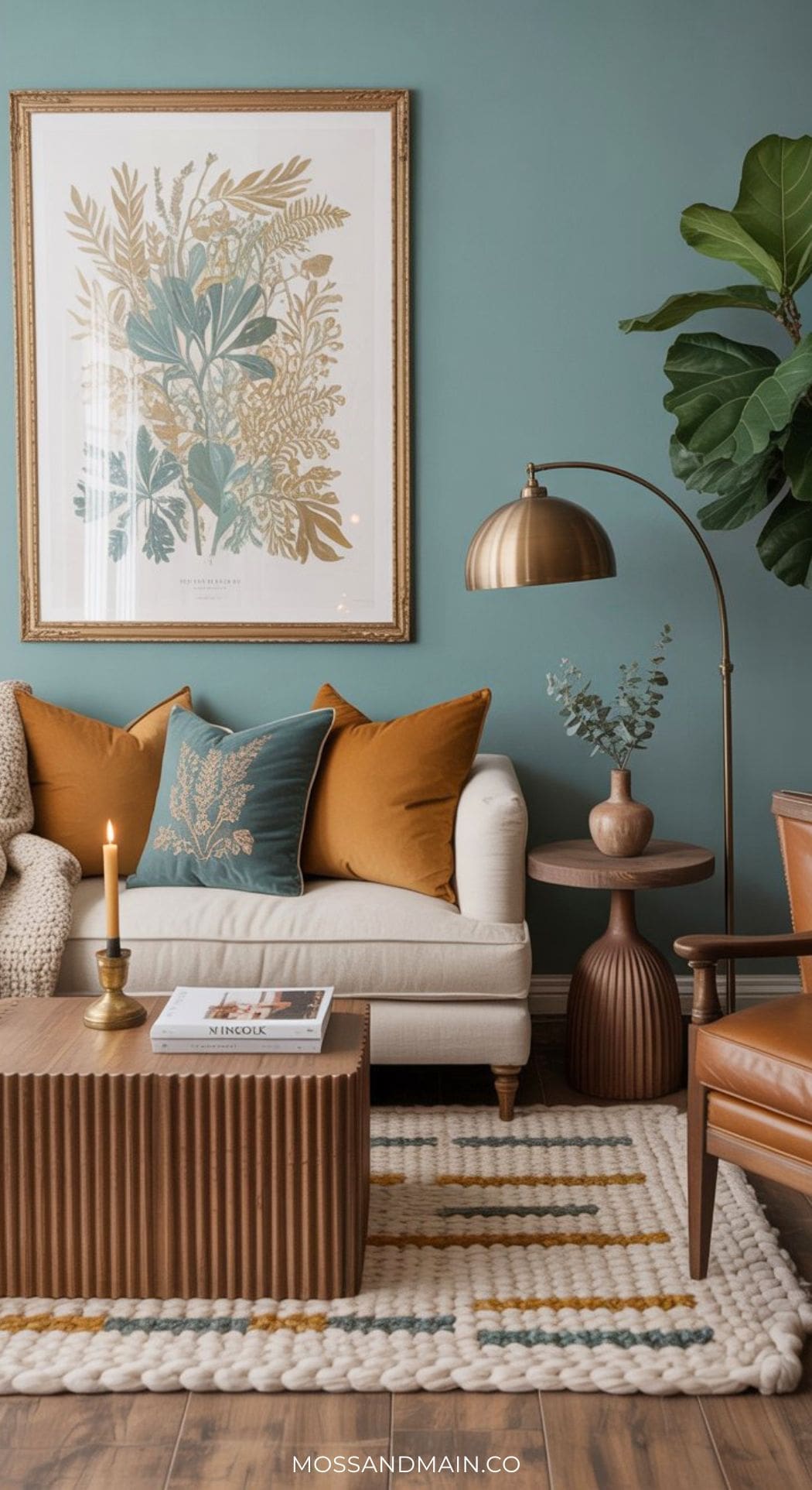 A cozy living room with a white sofa, blue and mustard pillows, a large botanical wall art, a wooden coffee table, a brass floor lamp, a leafy plant, and a patterned rug complementing the blue and mustard color palette on wooden flooring.