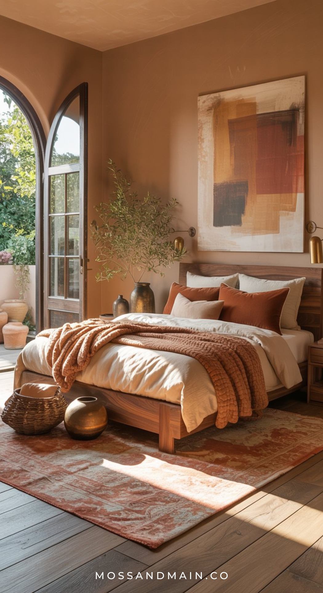Cozy earthy bedroom with a wooden bed, rust orange and beige bedding, textured throw blanket, abstract wall art, large arched window, indoor plant, and natural light streaming in—perfect for brown bedroom ideas.