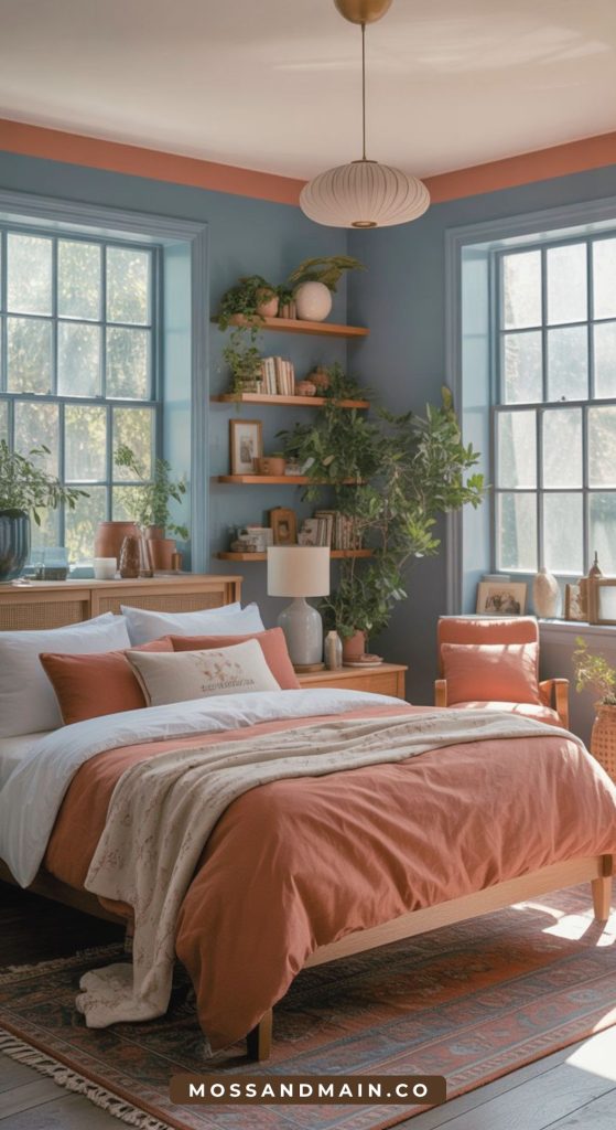 A cozy bedroom with large windows, blue walls, and peach accents. The bed has peach and white bedding, surrounded by plants, bookshelves, rustic wooden furniture, and touches of terracotta for a bright, inviting space.