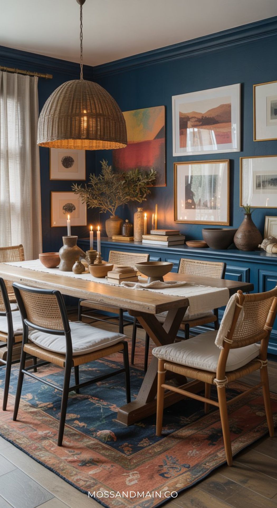 A cozy dark blue dining room features a wooden table, six chairs, woven pendant light, framed art, candles, pottery, and plants. A patterned rug adds warmth to the inviting space.