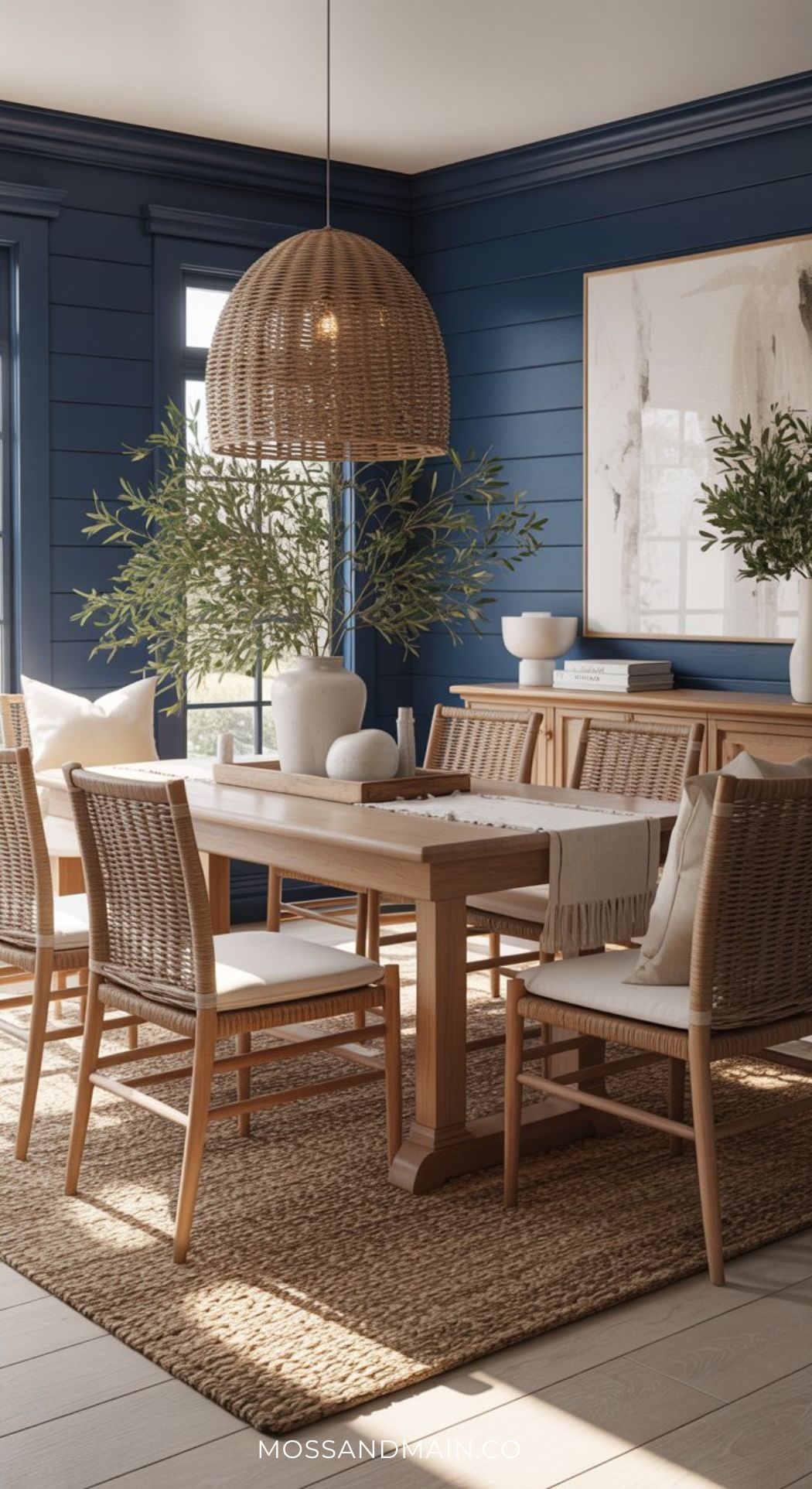 A cozy, moody dining room with a wooden table, wicker chairs, woven pendant light, potted plants, and a large framed artwork on a navy blue paneled wall adds drama to the luxe decor accents on the sideboard.