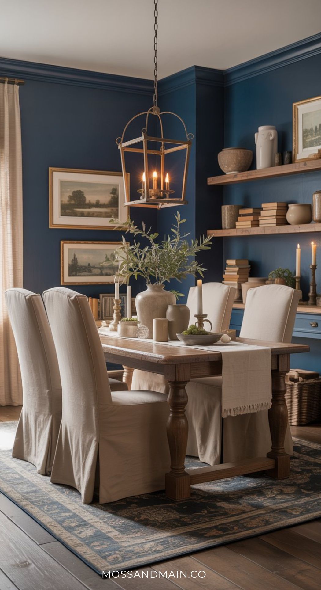 A cozy dark blue dining room with a wooden table, four slipcovered chairs, a centerpiece with greenery, bookshelves, framed art on deep blue walls, and a candle-style pendant light overhead.