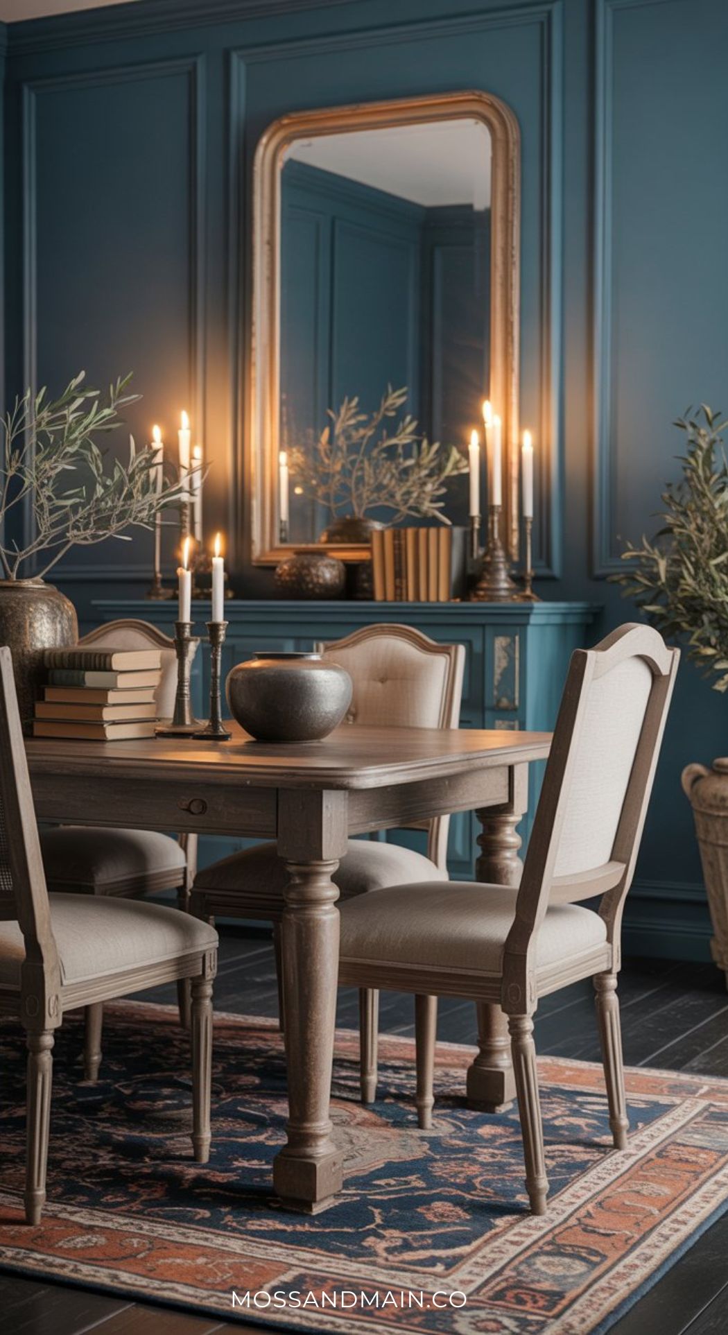 A cozy dark blue dining room features a wooden table, four upholstered chairs, stacked books, a bowl, and lit candles. The paneled walls and large mirror reflect shimmering candlelight and potted plants, creating a warm, elegant ambiance.