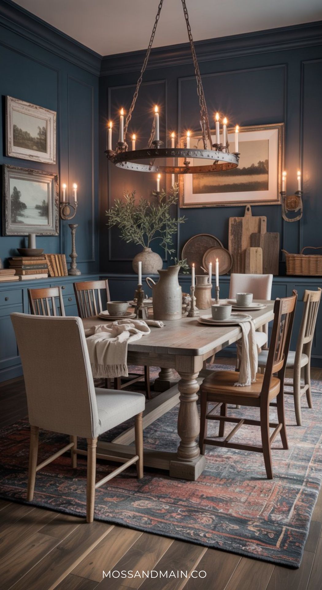 A cozy dark blue dining room features a rustic wooden table, mixed chairs, candles, and a large chandelier. Framed art, shelves with books, and decorative vases create a warm, inviting atmosphere perfect for gatherings.