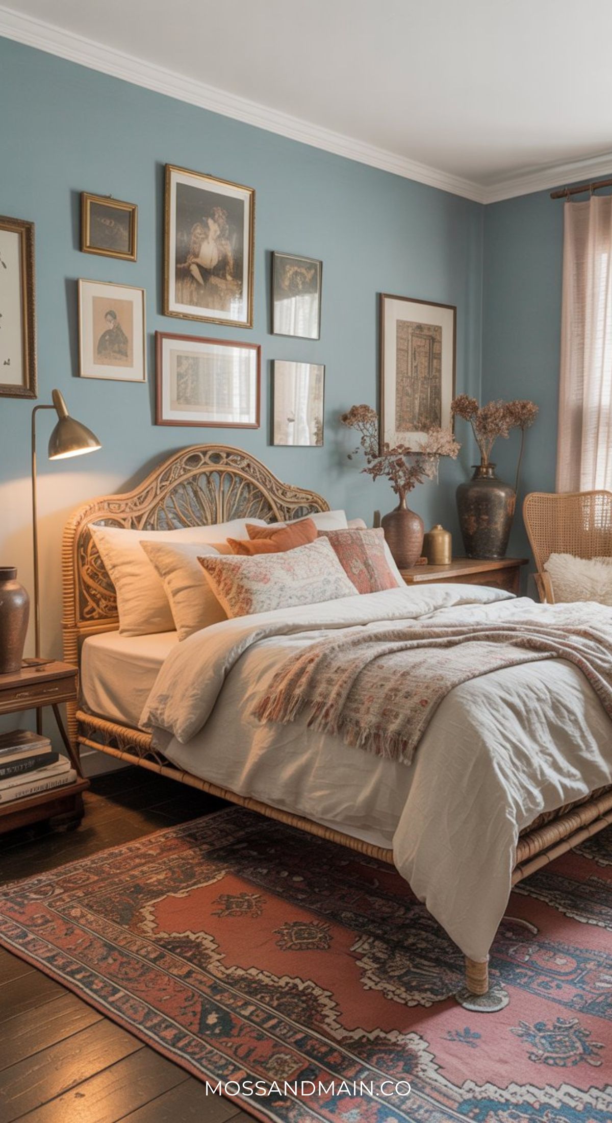 Cozy and timeless bedroom with a rattan bed frame, white and blush linens, vintage-style rug, framed art on duck egg blue walls, dried flowers in vases, a reading lamp, and soft natural light filtering through sheer curtains.