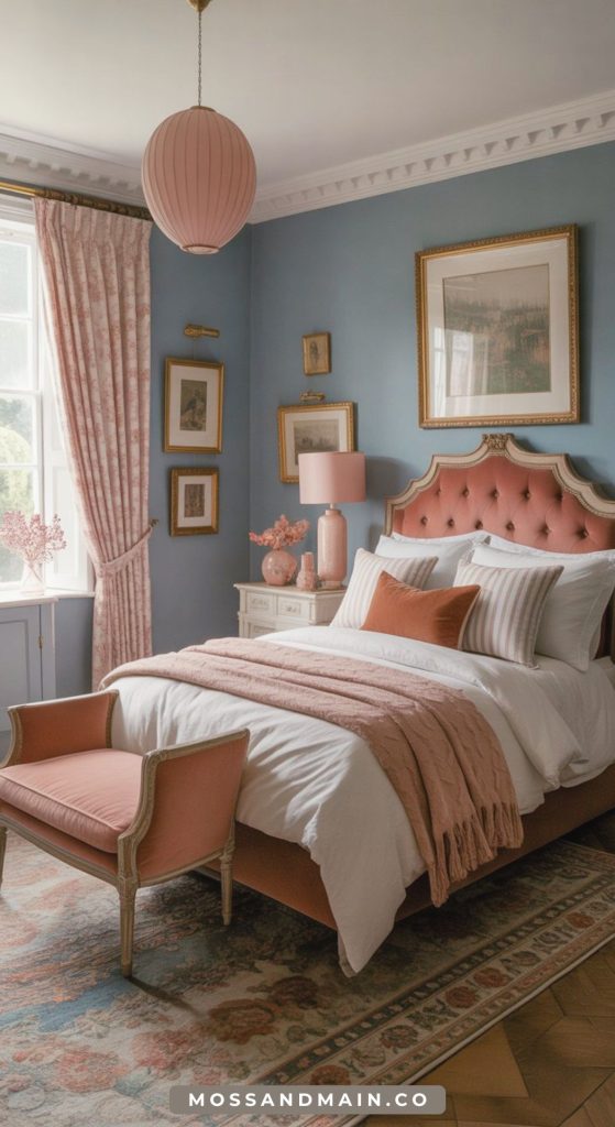 Elegant bedroom with blue walls, pink and rust accents, tufted headboard, matching bench, vintage-style decor, soft bedding, decorative pillows, framed art, and a large window with pink curtains bathed in natural light.